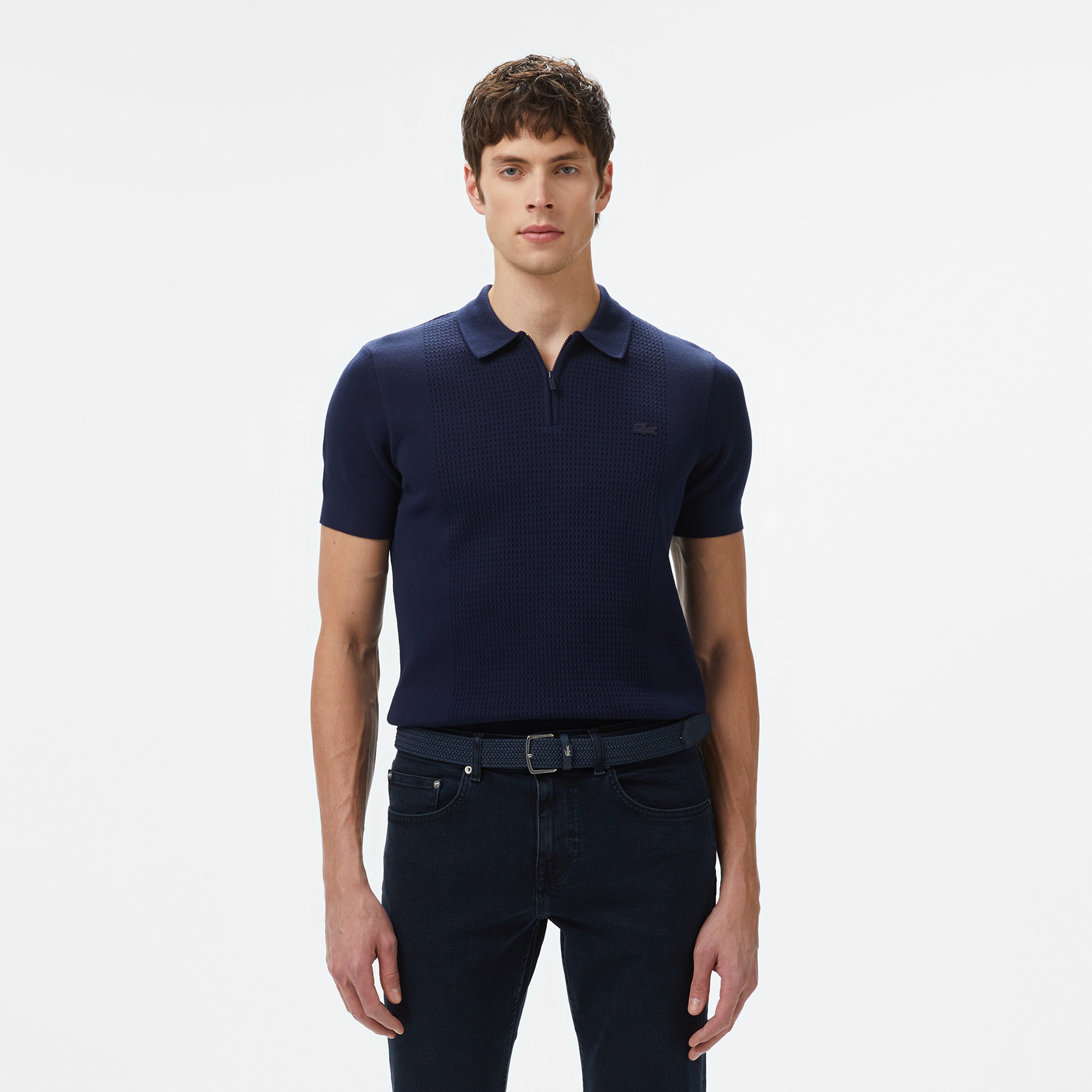 Lacoste Erkek Kısa Kollu Yarım Fermuarlı Lacivert Triko