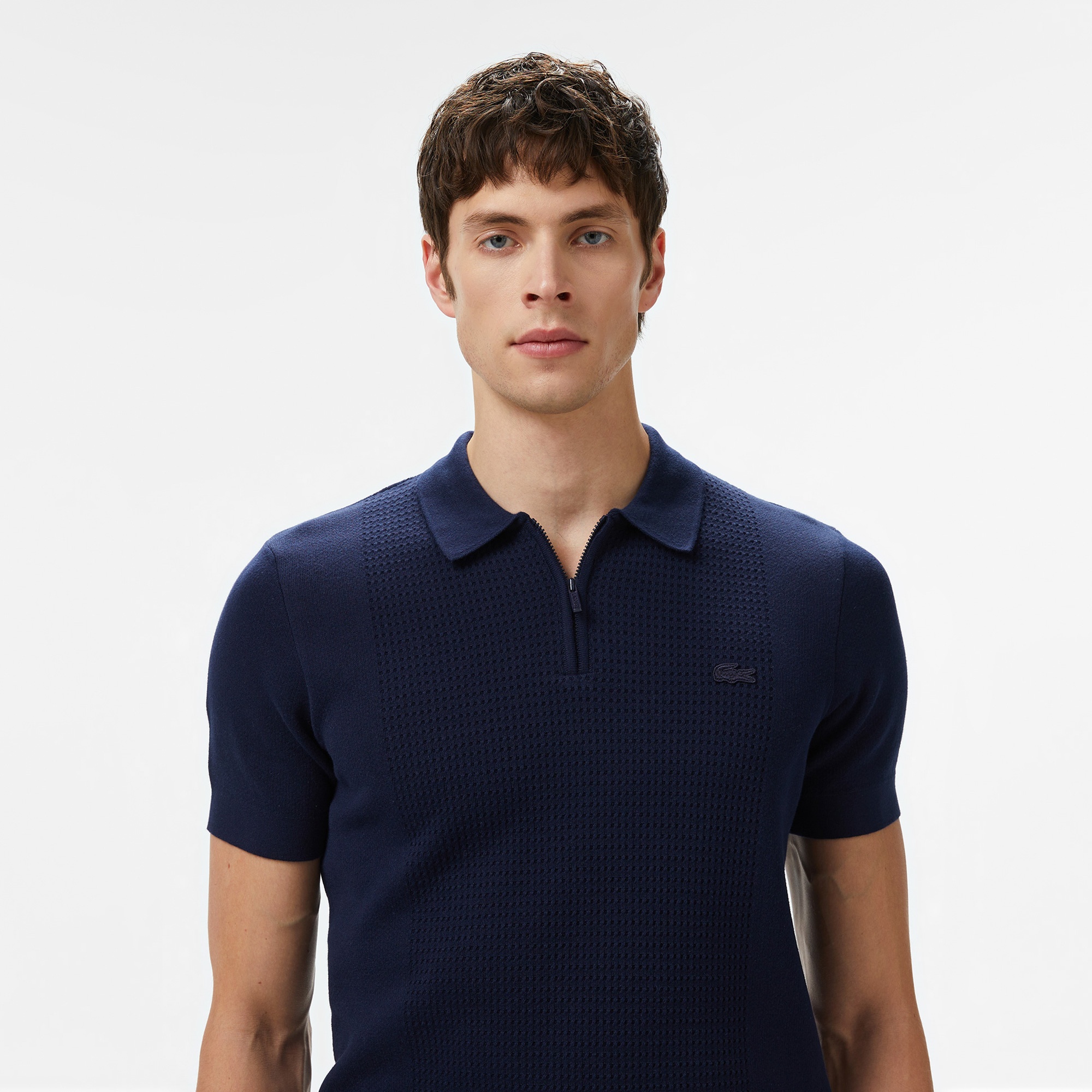 Lacoste Erkek Kısa Kollu Yarım Fermuarlı Lacivert Triko