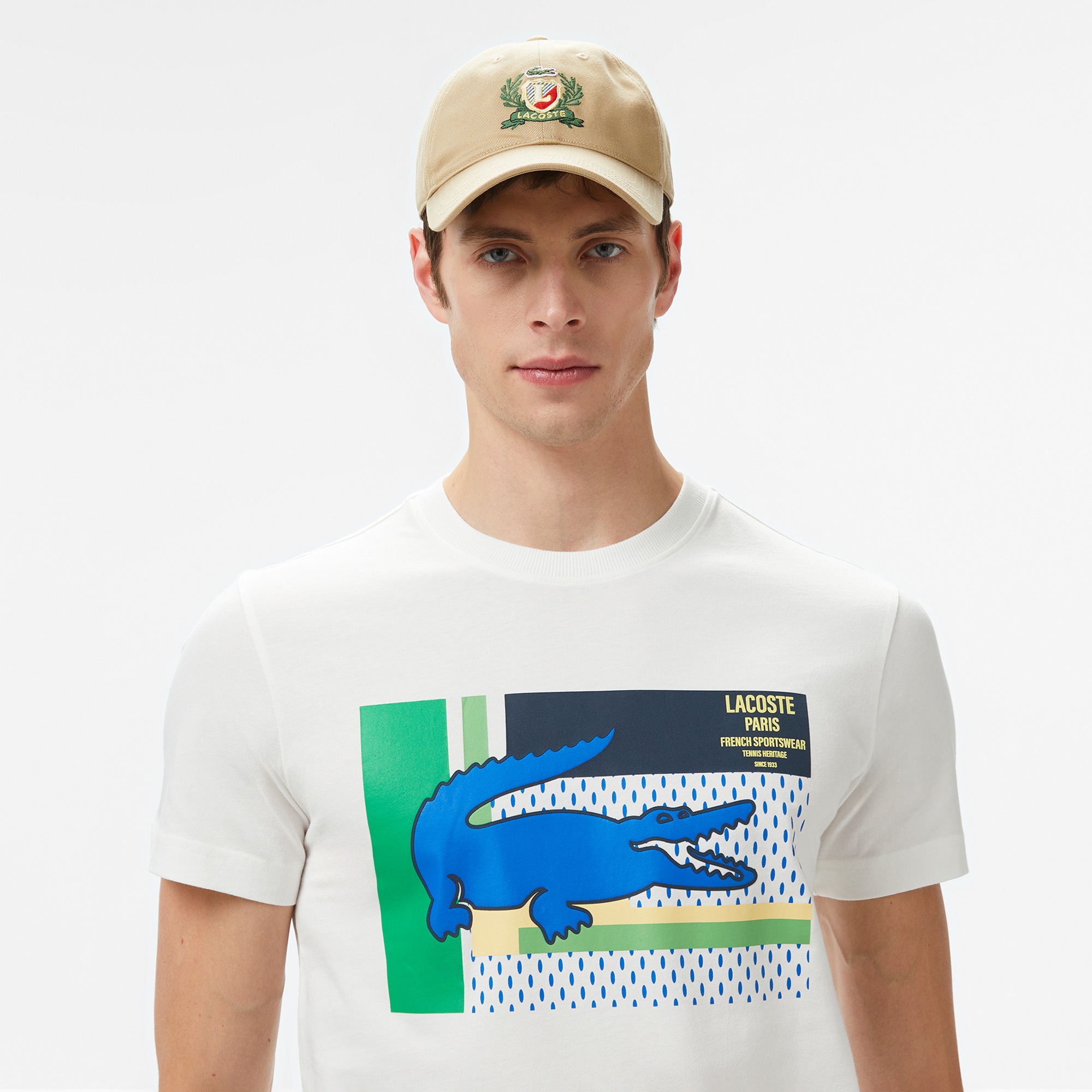 Lacoste Erkek Bisiklet Yaka Baskılı Beyaz T-Shirt