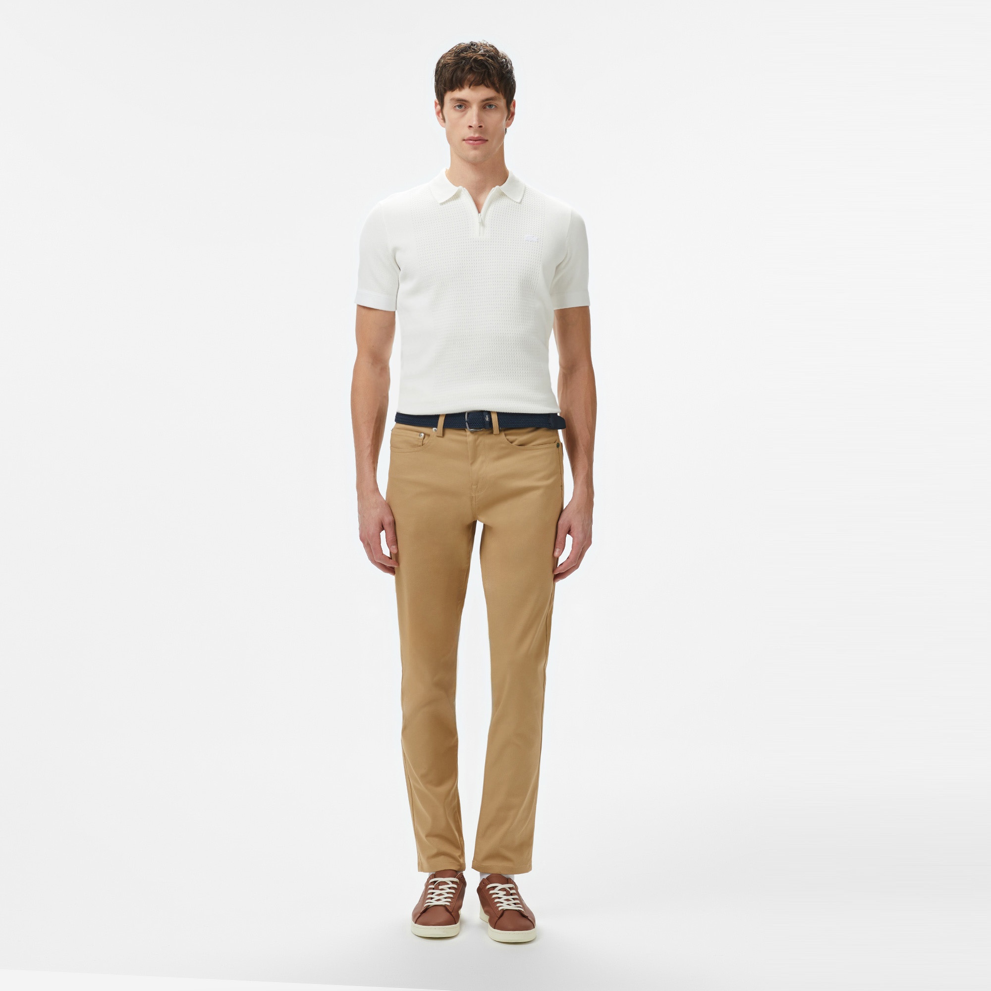 Lacoste Erkek Kısa Kollu Yarım Fermuarlı Beyaz Triko