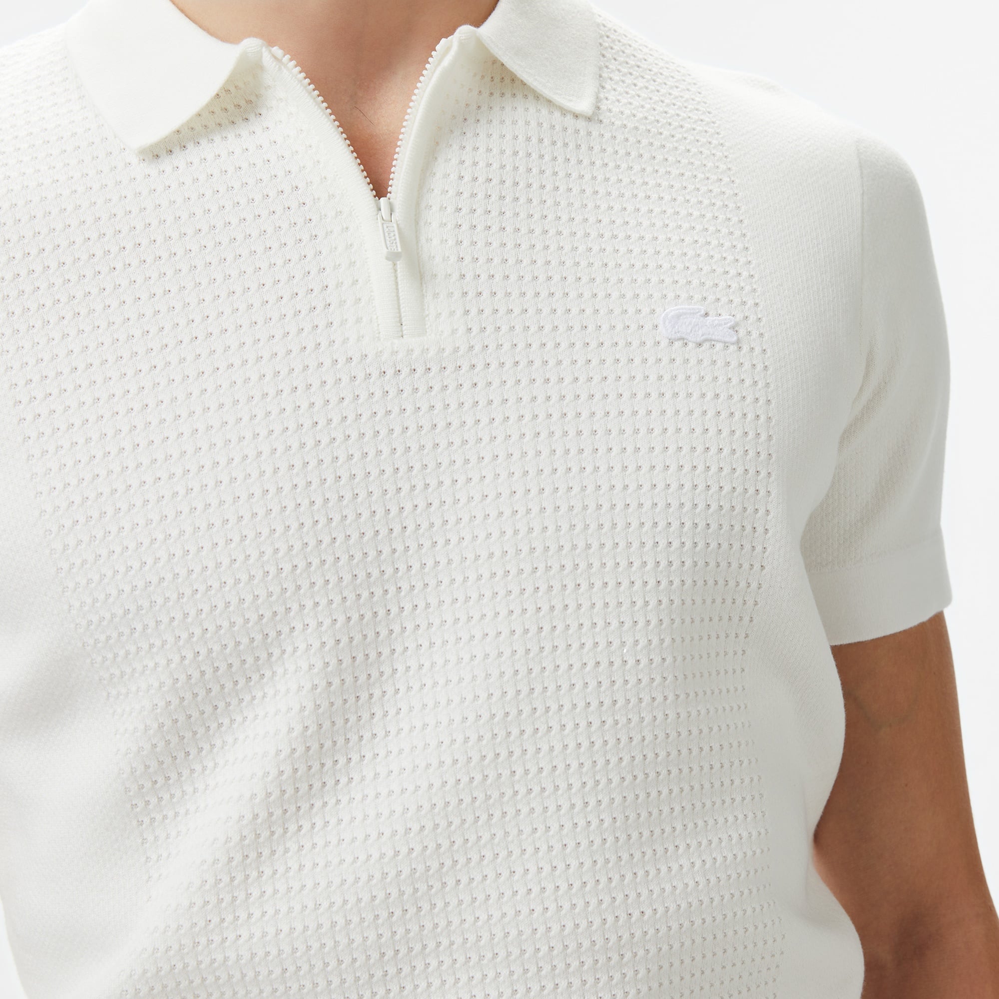 Lacoste Erkek Kısa Kollu Yarım Fermuarlı Beyaz Triko