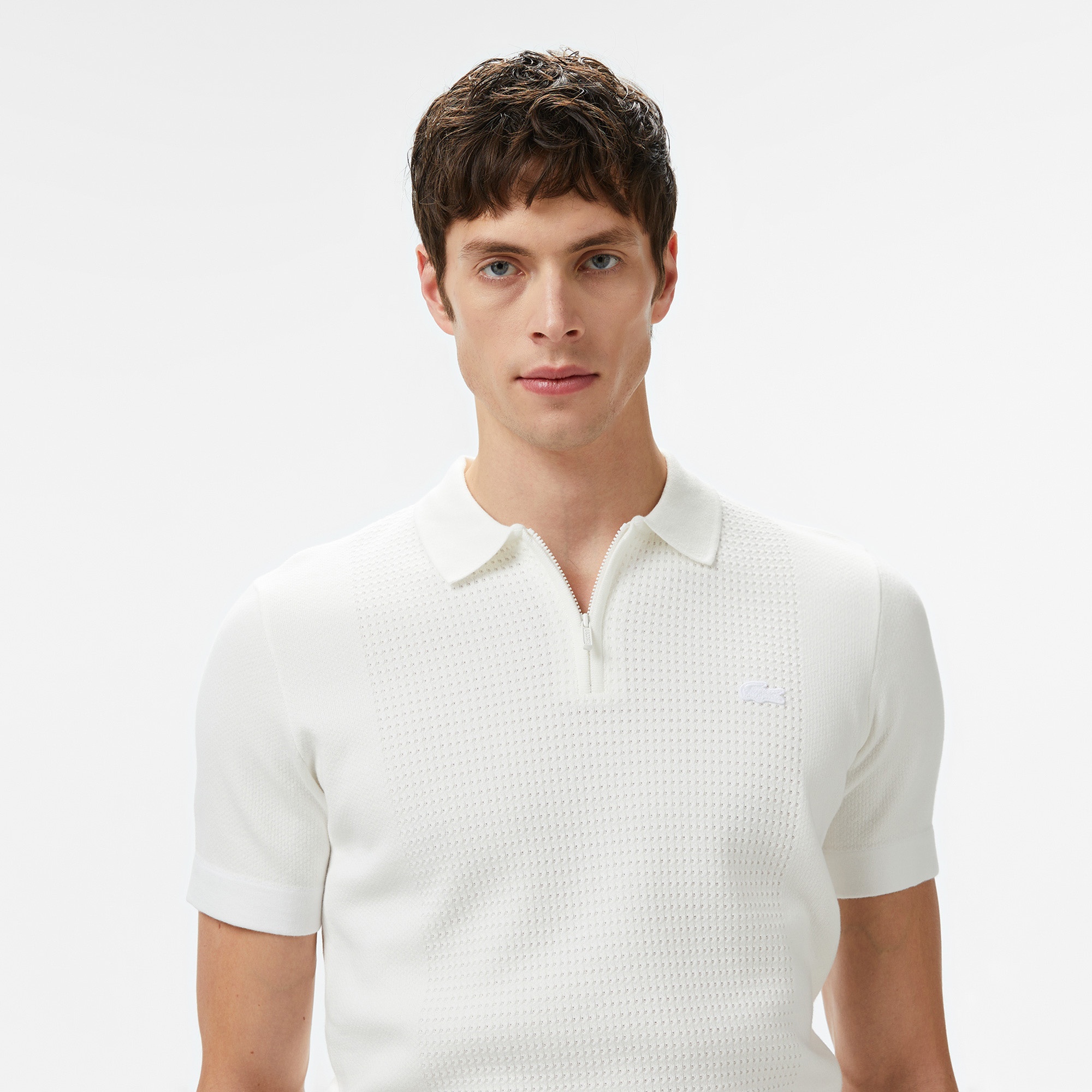 Lacoste Erkek Kısa Kollu Yarım Fermuarlı Beyaz Triko