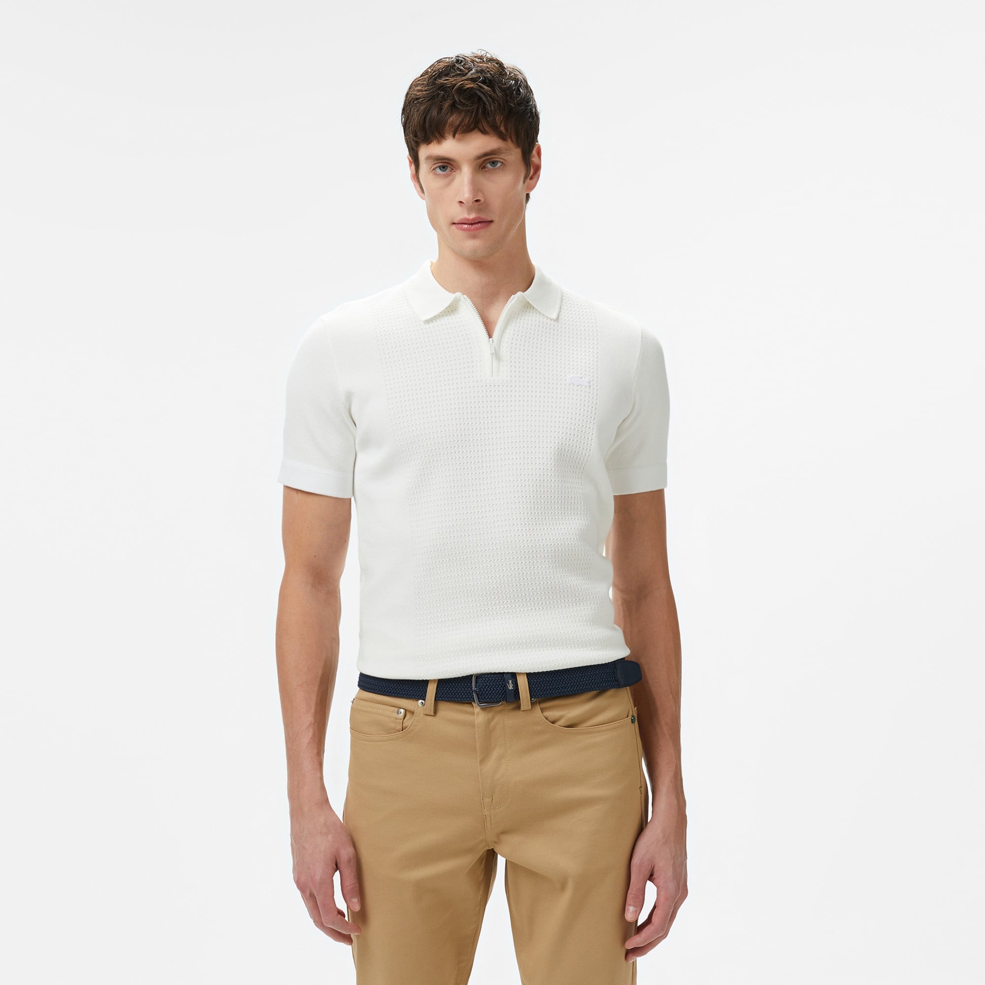 Lacoste Erkek Kısa Kollu Yarım Fermuarlı Beyaz Triko