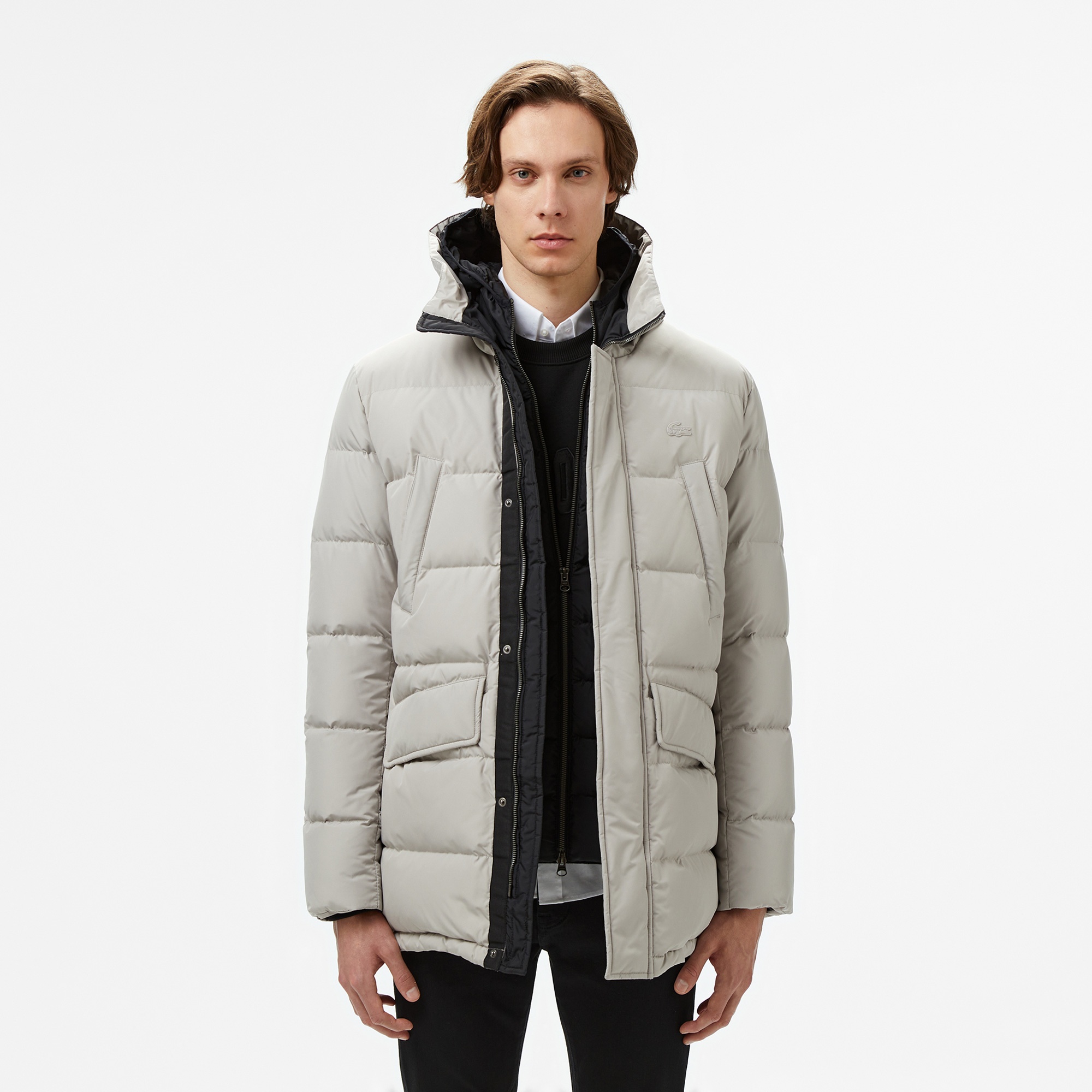 Lacoste Erkek Kapüşonlu Gri Şişme Mont