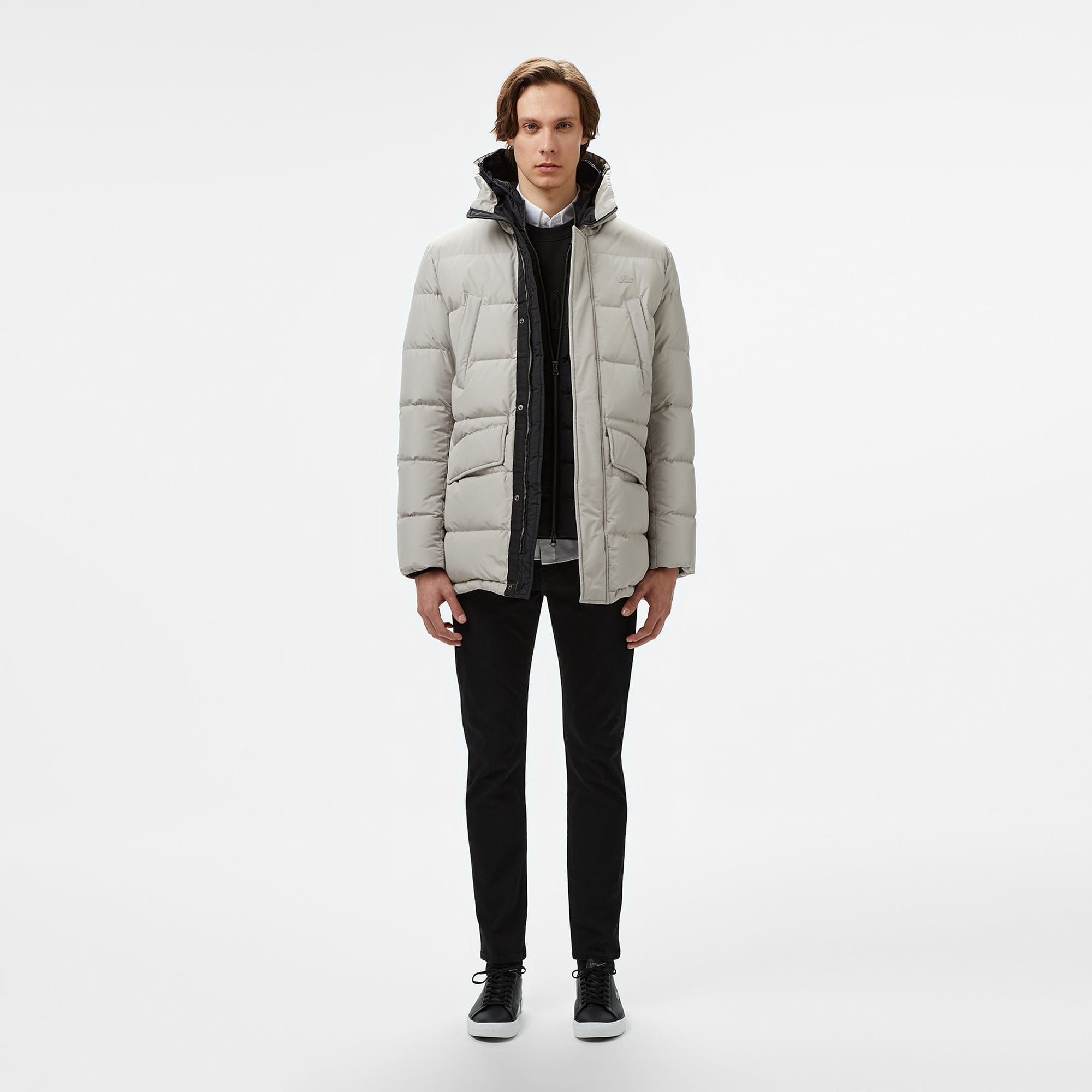 Lacoste Erkek Kapüşonlu Gri Şişme Mont