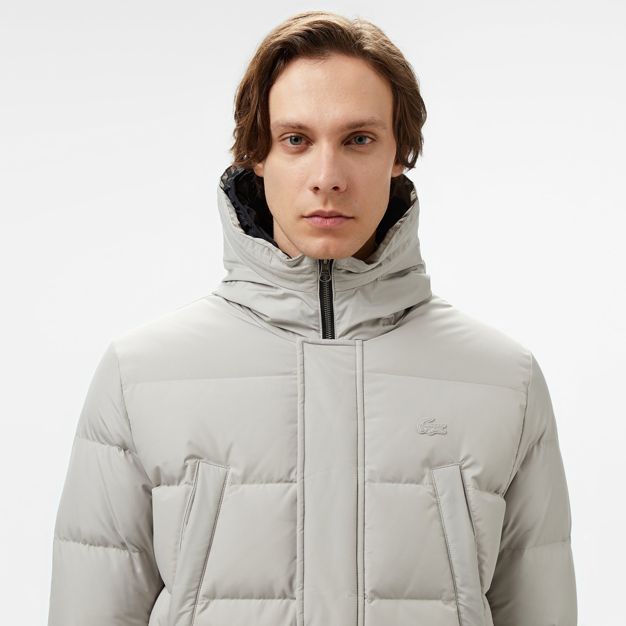 Lacoste Erkek Kapüşonlu Gri Şişme Mont