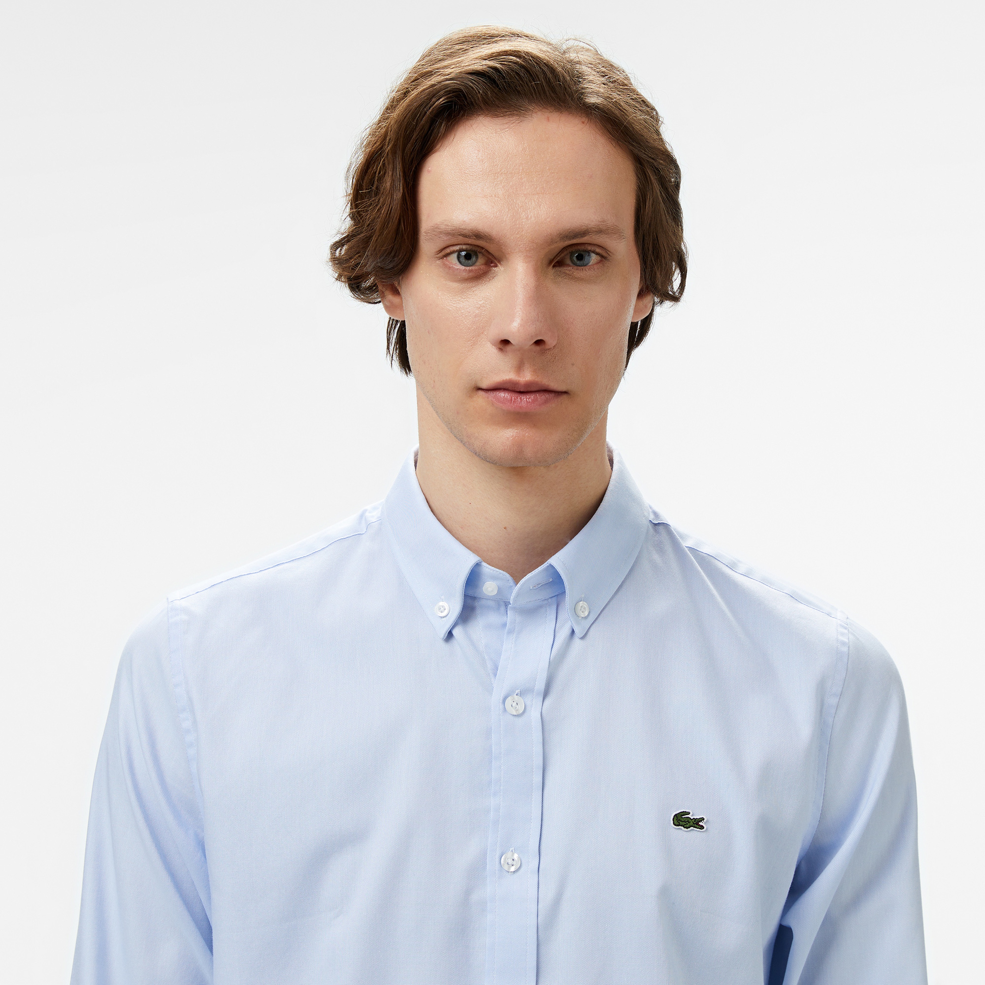 Erkek Slim Fit Düğmeli Yaka Açık Mavi Gömlek Erkek Slim Fit Düğmeli Yaka Açık Mavi Gömlek