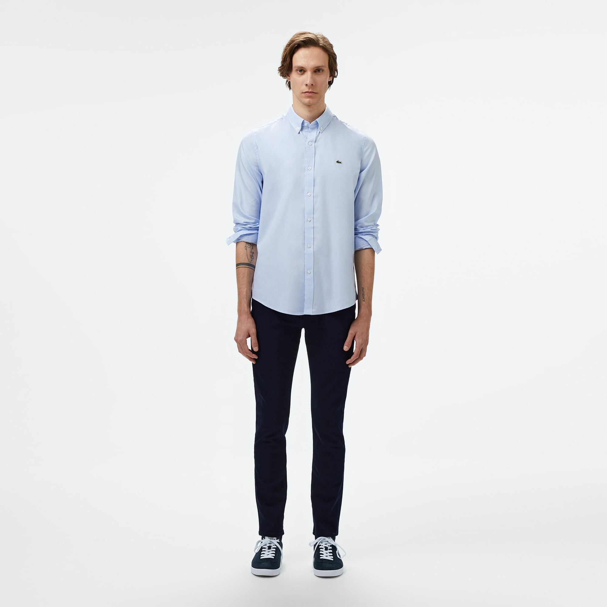 Erkek Slim Fit Düğmeli Yaka Açık Mavi Gömlek