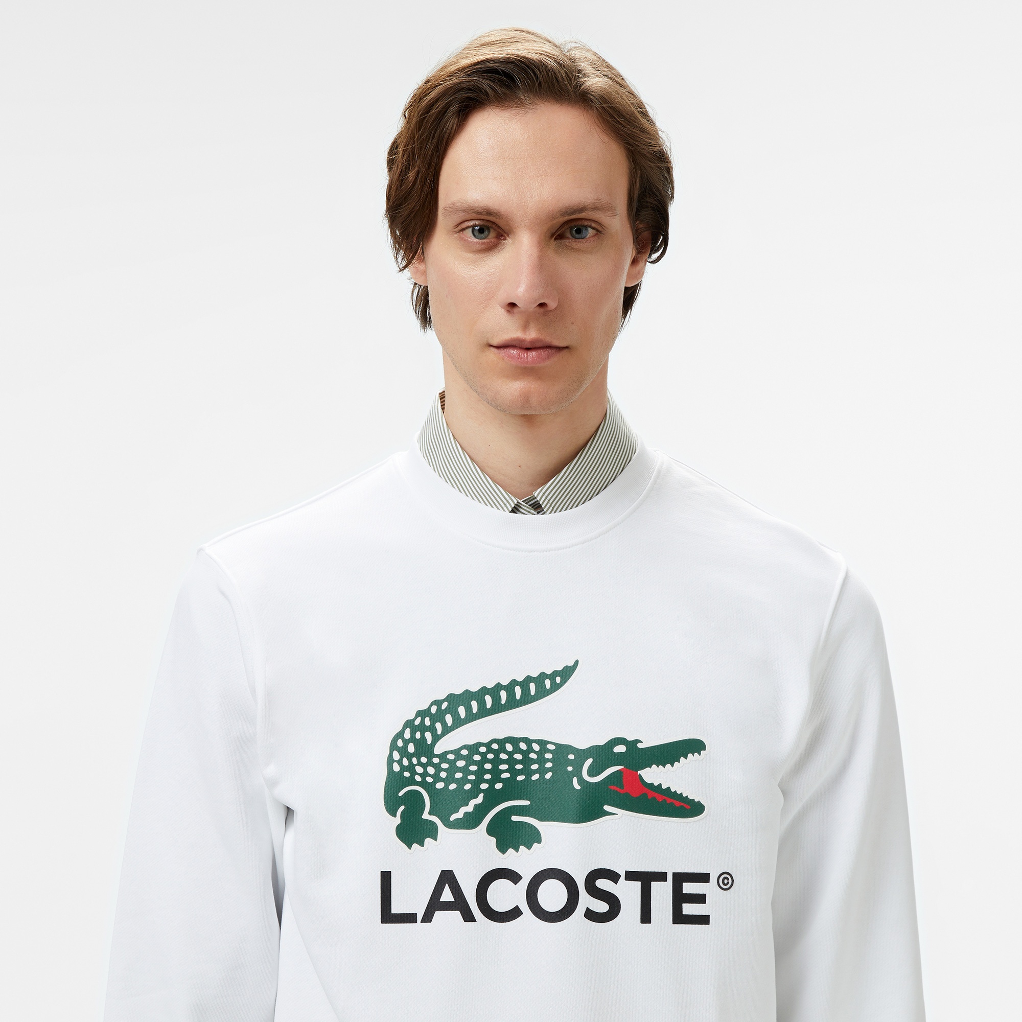 Lacoste Erkek Classic Fit Bisiklet Yaka Baskılı Beyaz Sweatshirt