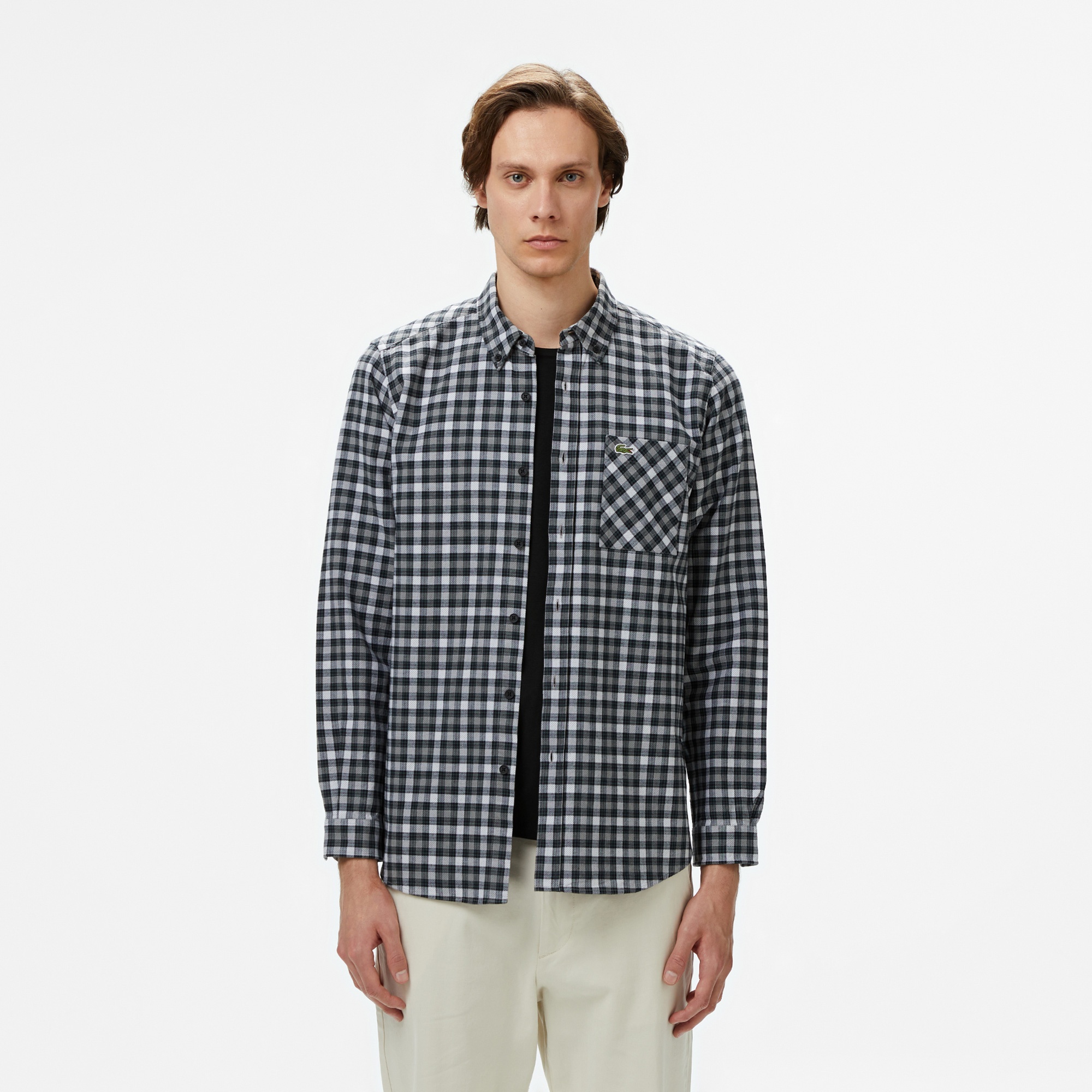 Erkek Regular Fit Ekose Gri Gömlek