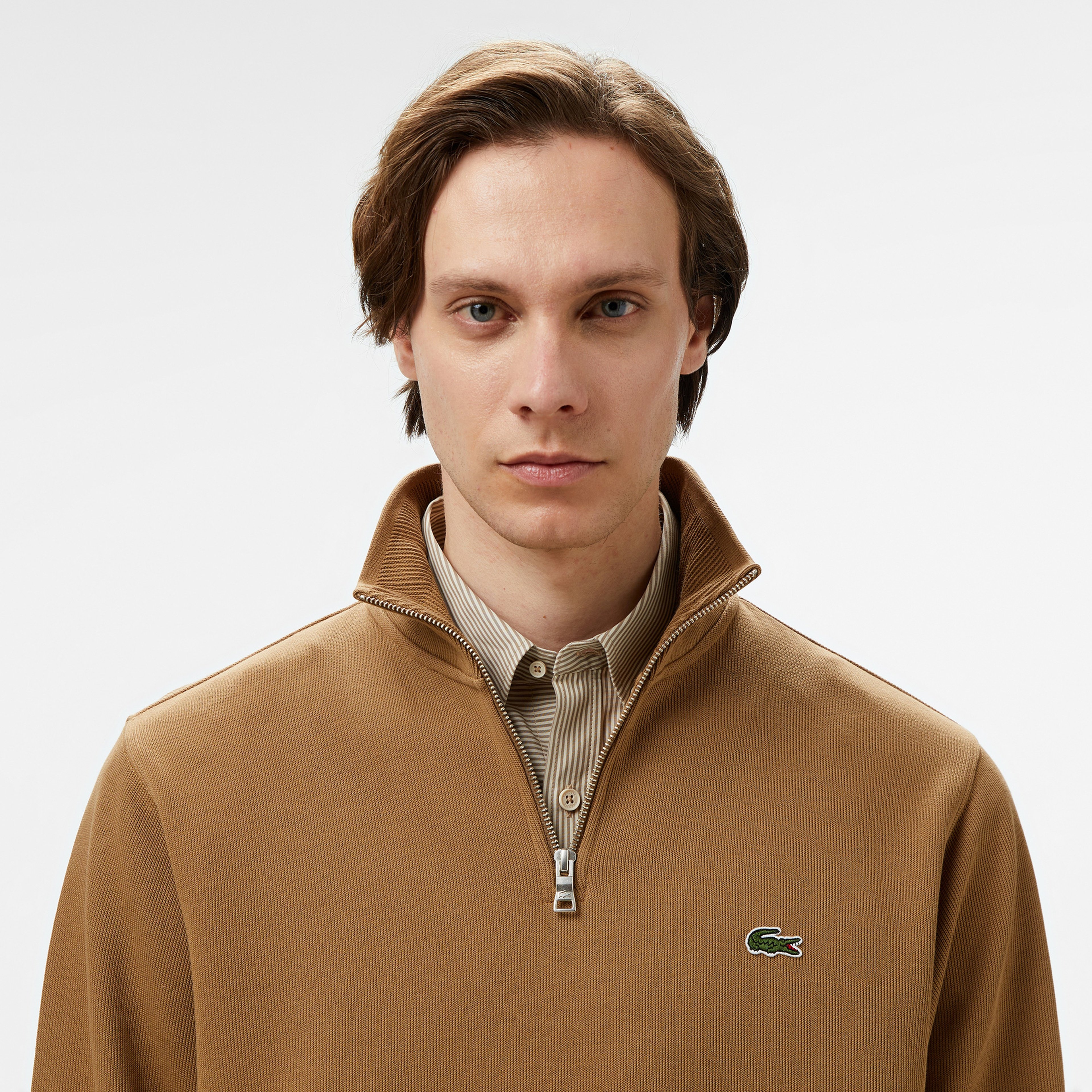 Erkek Classic Fit Yarım Fermuarlı Kahverengi Sweatshirt