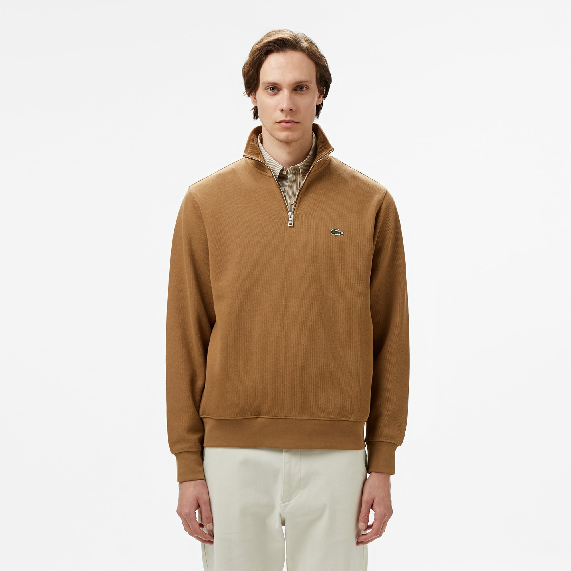 Erkek Classic Fit Yarım Fermuarlı Kahverengi Sweatshirt