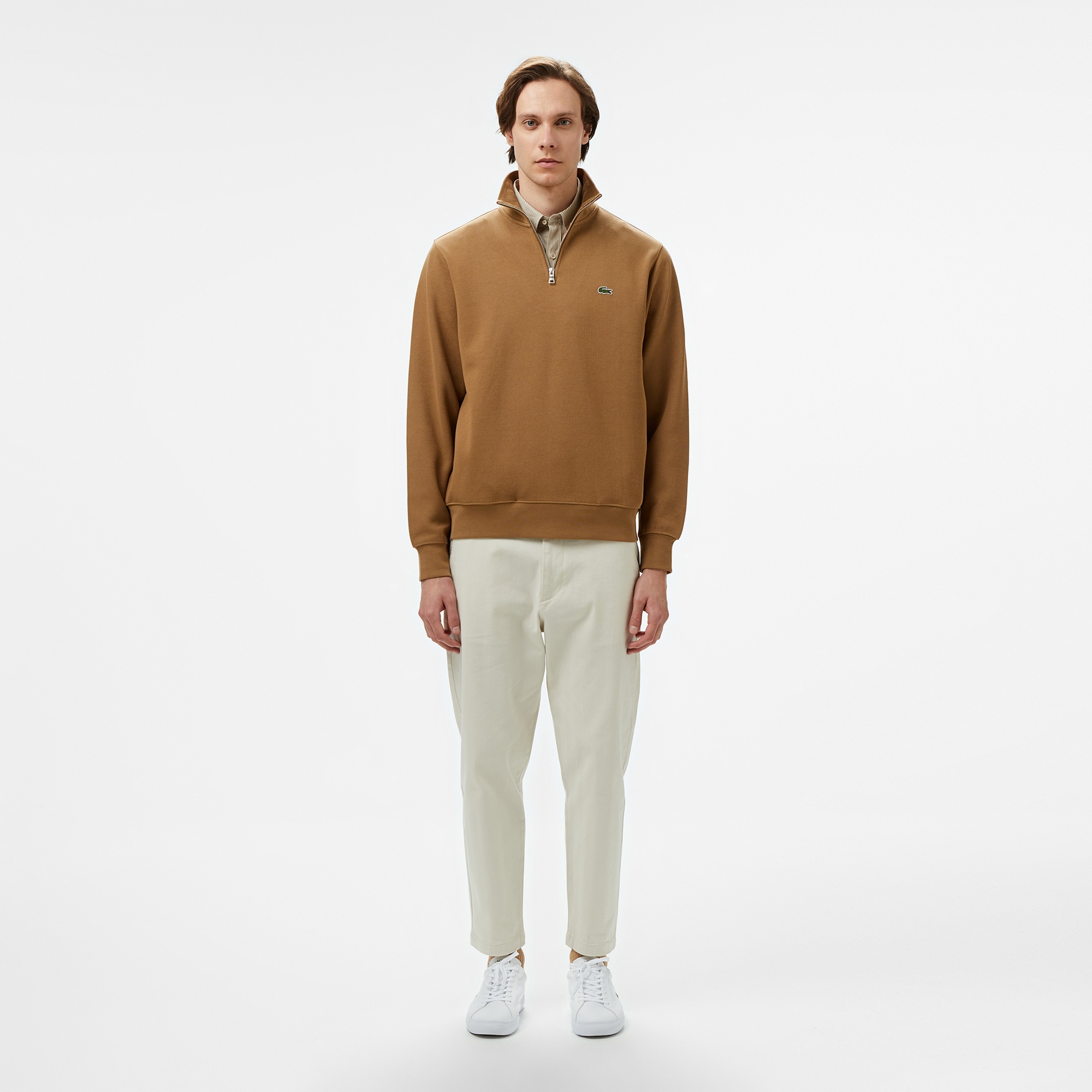 Erkek Classic Fit Yarım Fermuarlı Kahverengi Sweatshirt