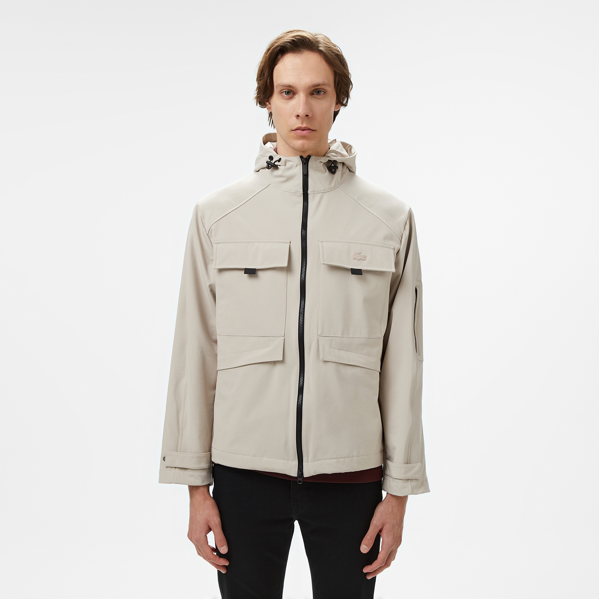 Lacoste Erkek Relaxed Fit Kapüşonlu Baskılı Krem Yağmurluk