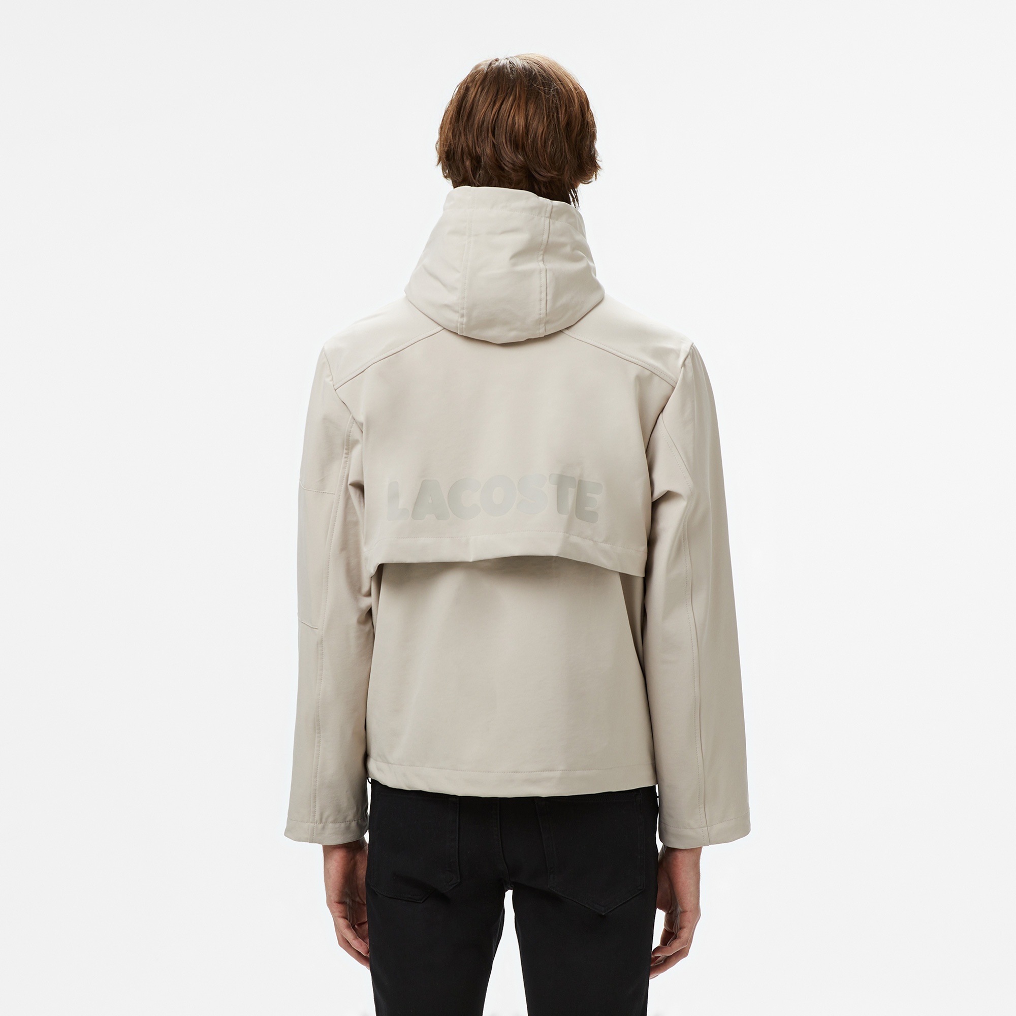 Lacoste Erkek Relaxed Fit Kapüşonlu Baskılı Krem Yağmurluk