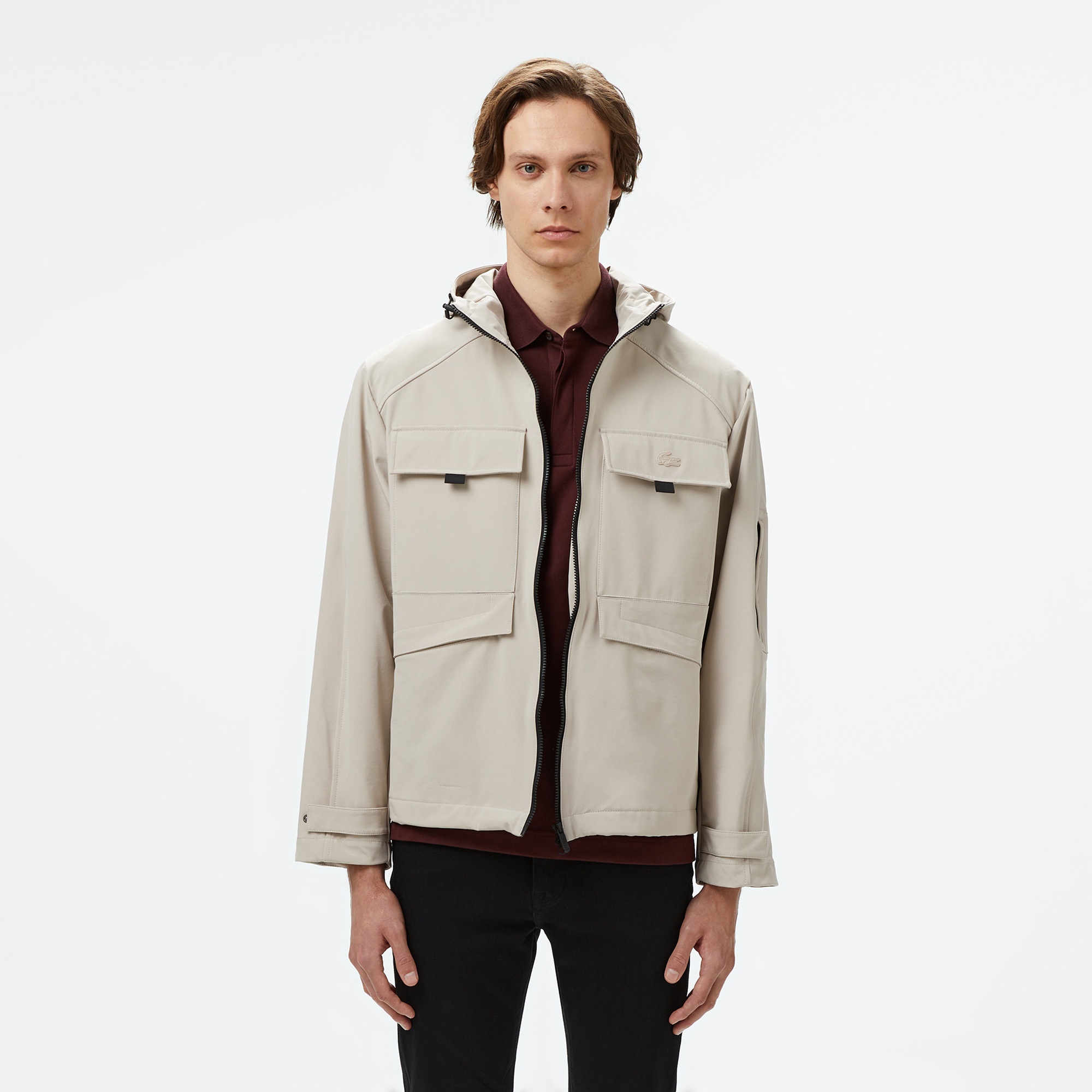 Lacoste Erkek Relaxed Fit Kapüşonlu Baskılı Krem Yağmurluk