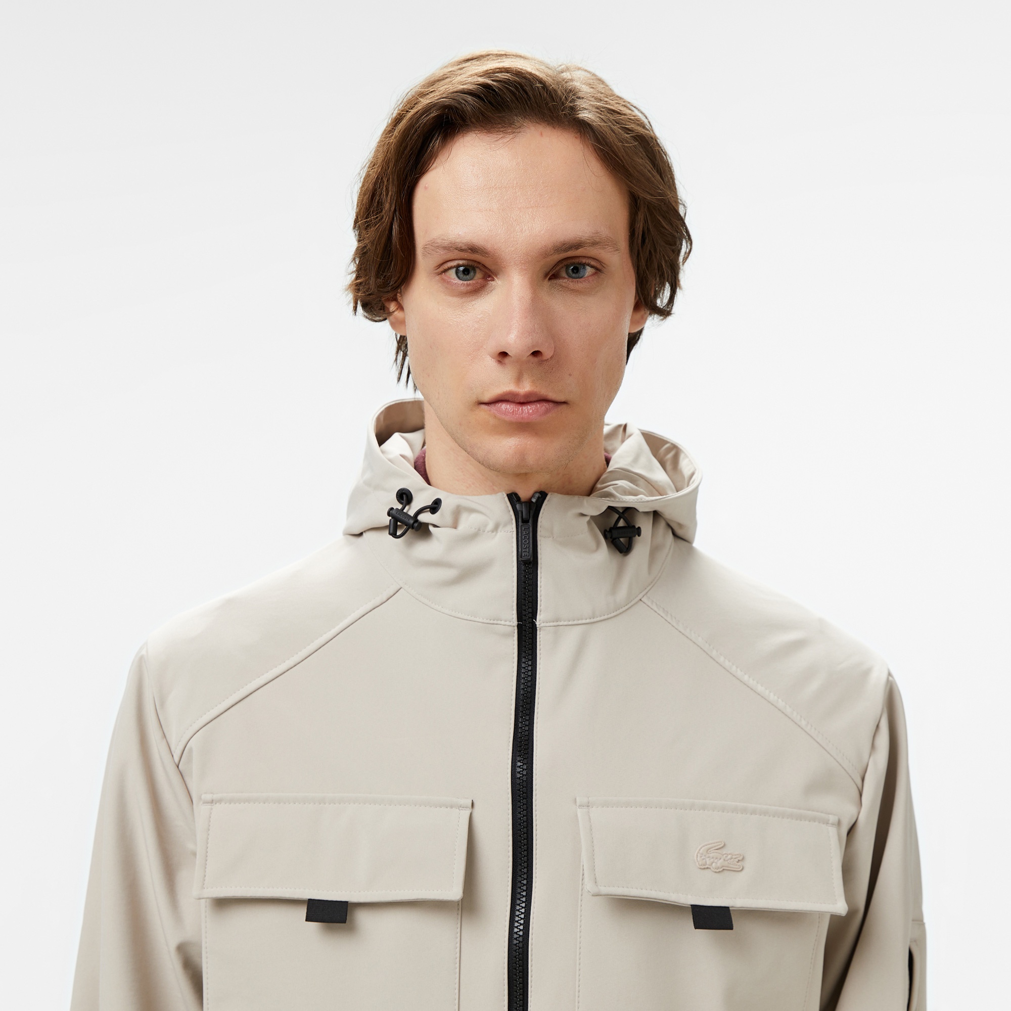 Lacoste Erkek Relaxed Fit Kapüşonlu Baskılı Krem Yağmurluk
