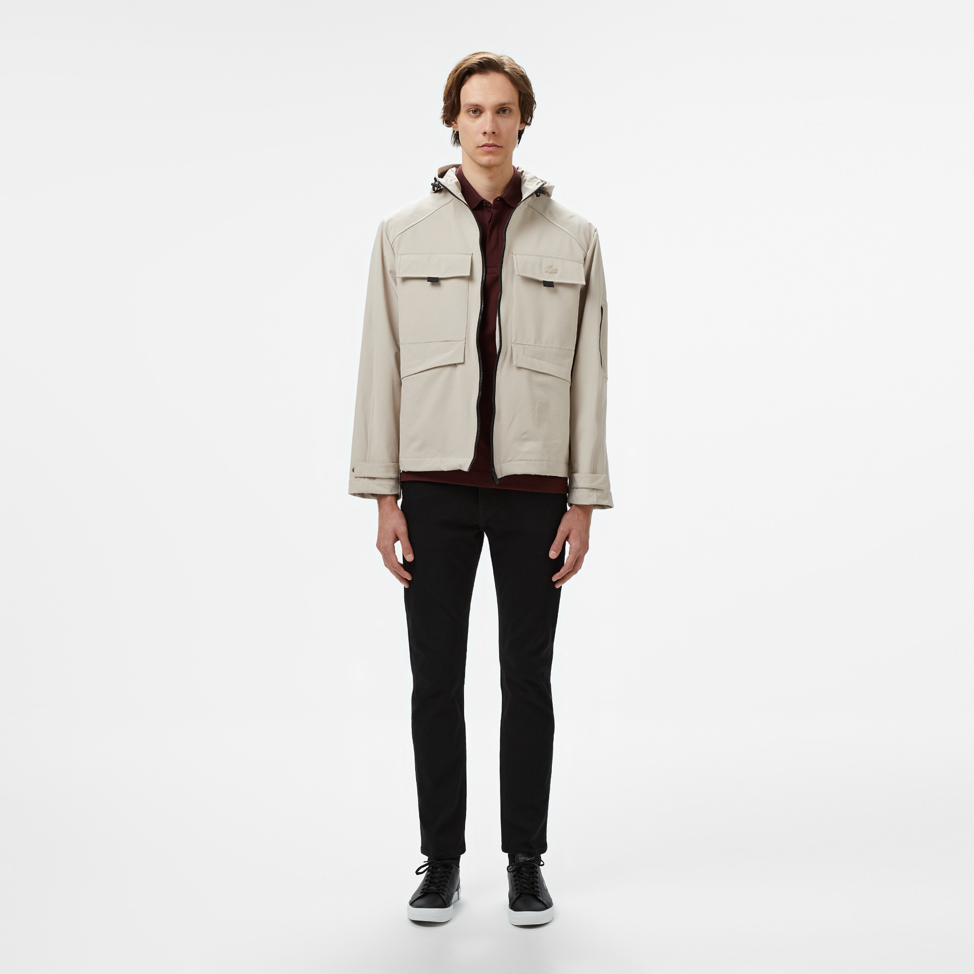 Lacoste Erkek Relaxed Fit Kapüşonlu Baskılı Krem Yağmurluk