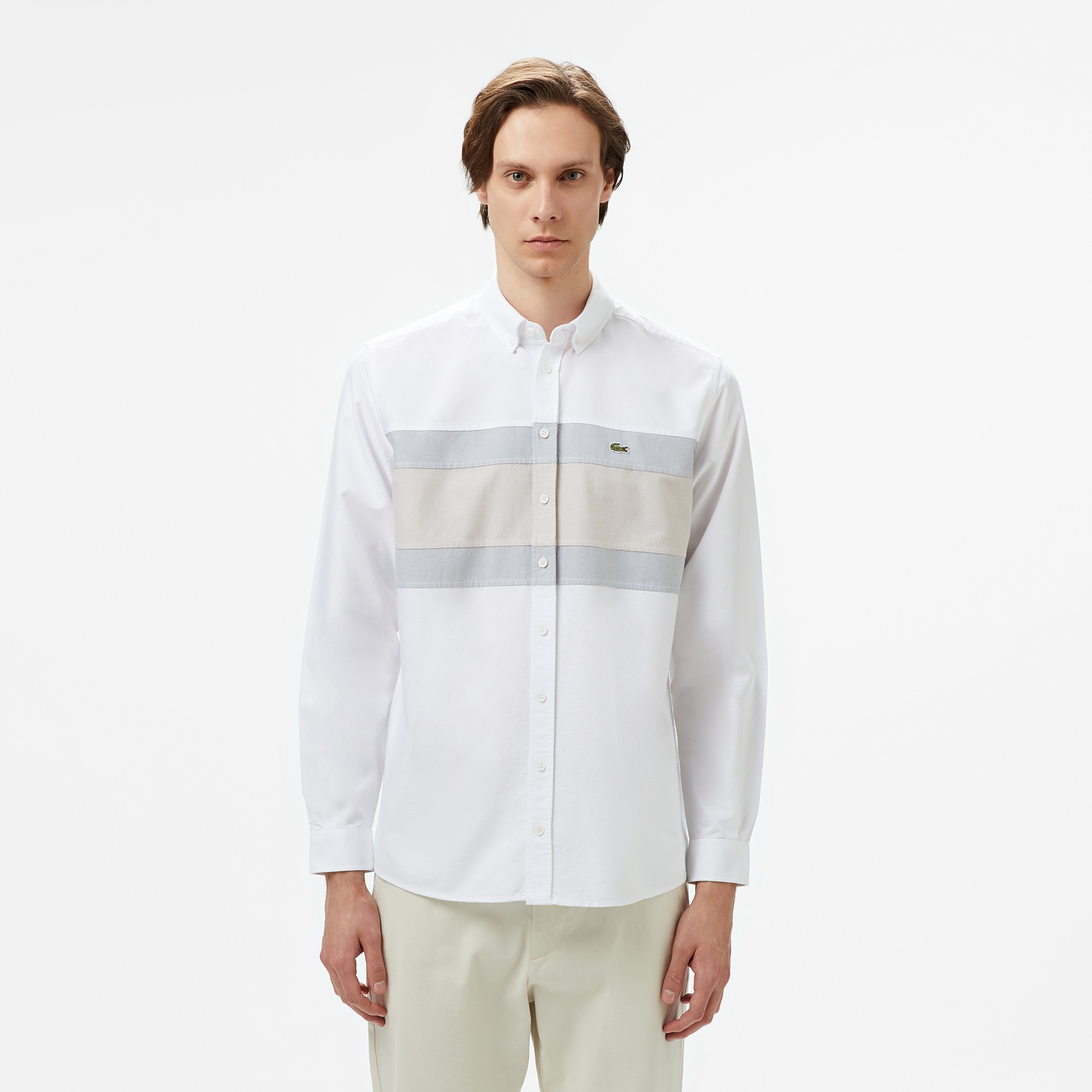 Lacoste Erkek Regular Fit Düğmeli Yaka Çizgili Beyaz Gömlek