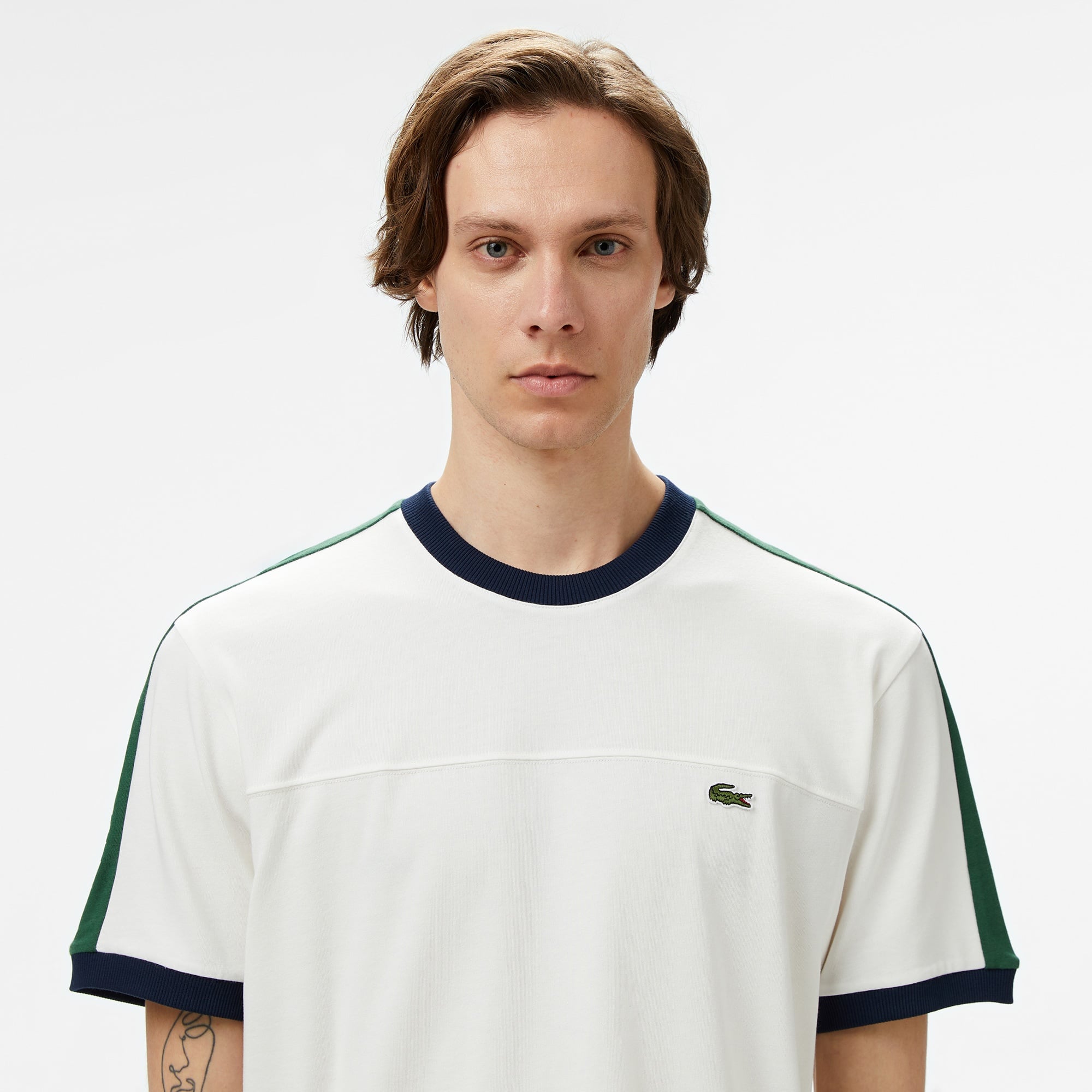 Lacoste Erkek Regular Fit Bisiklet Yaka Çizgili Beyaz T-Shirt