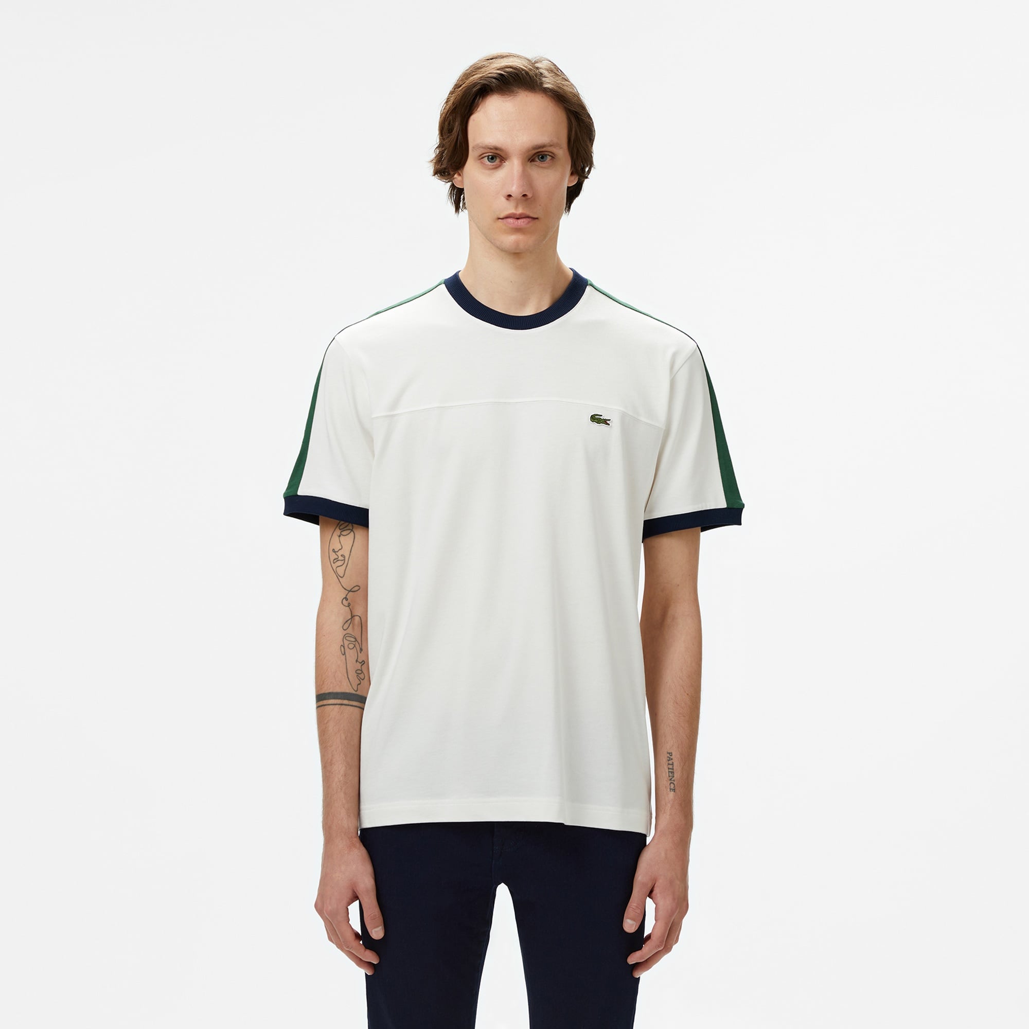 Lacoste Erkek Regular Fit Bisiklet Yaka Çizgili Beyaz T-Shirt