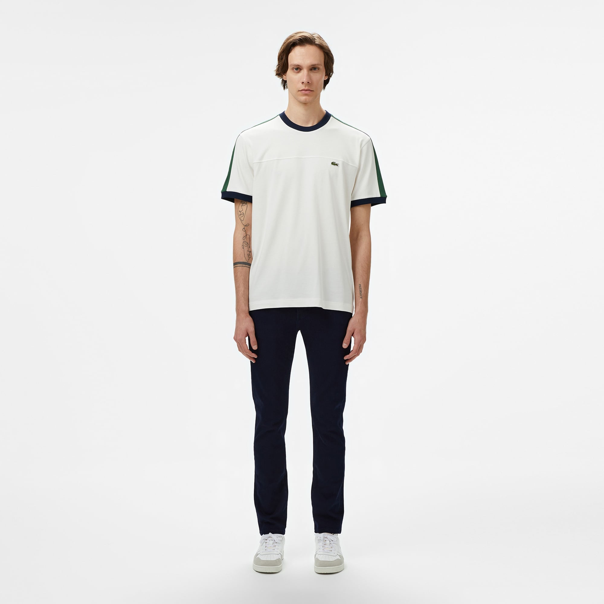 Lacoste Erkek Regular Fit Bisiklet Yaka Çizgili Beyaz T-Shirt