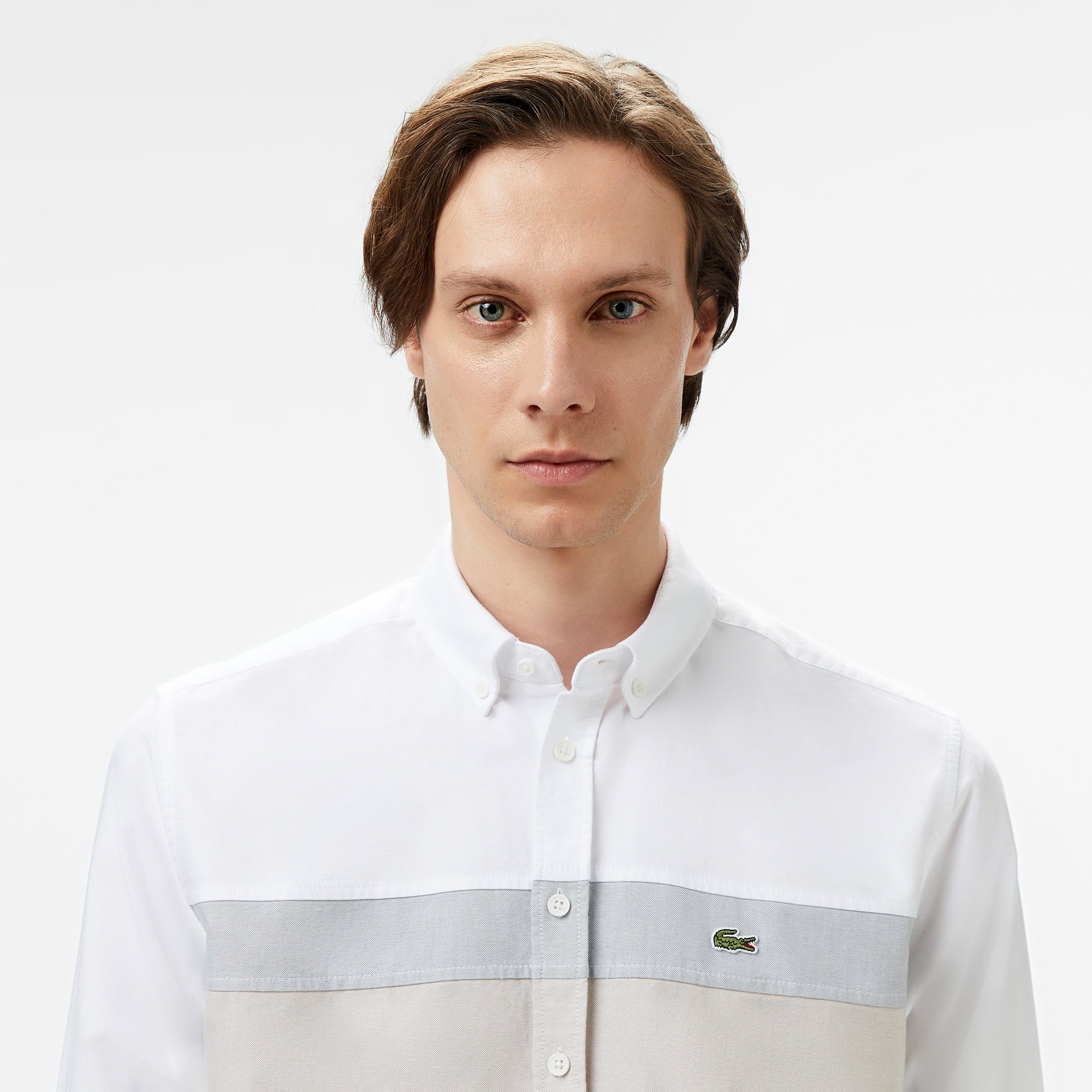 Lacoste Erkek Regular Fit Düğmeli Yaka Çizgili Beyaz Gömlek