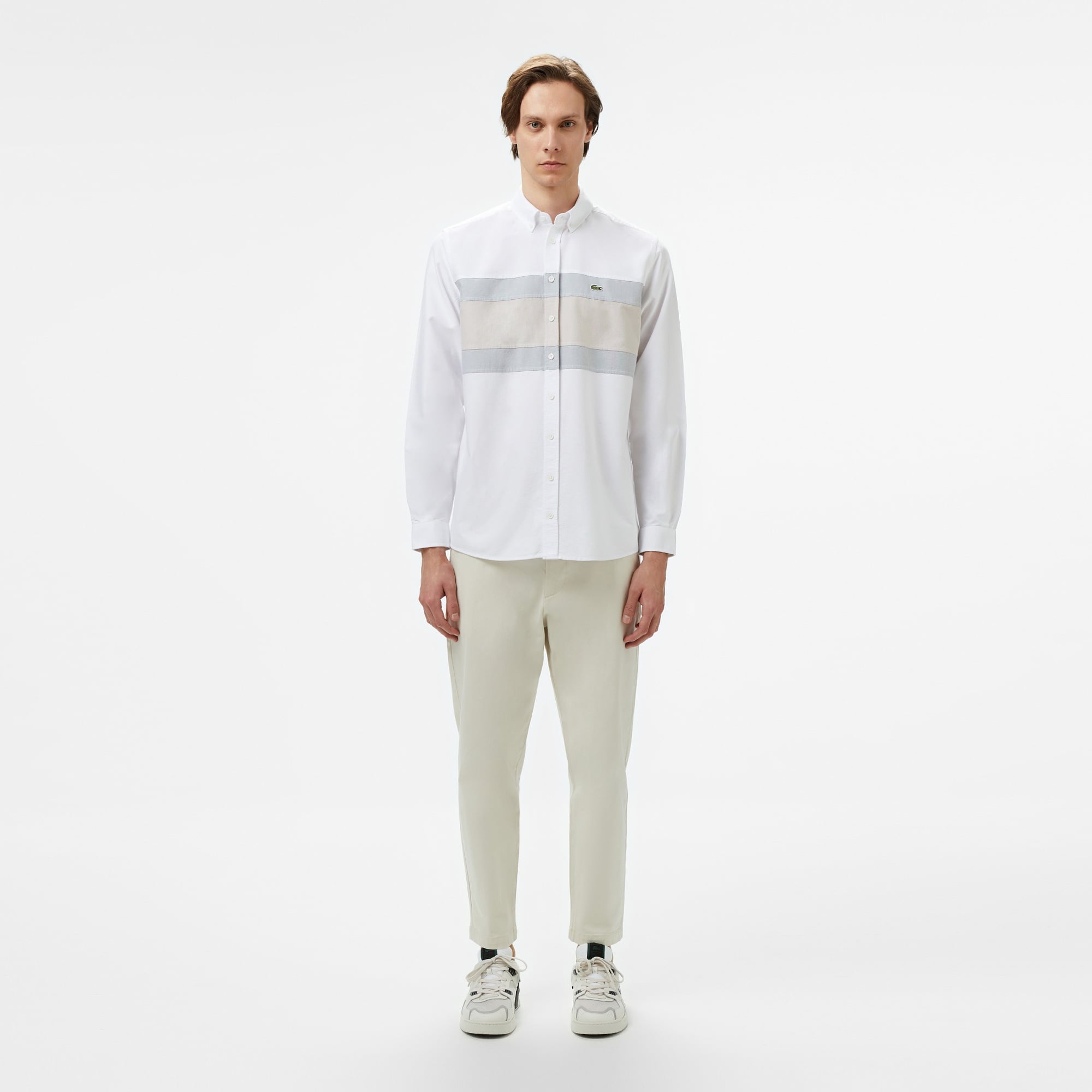 Lacoste Erkek Regular Fit Düğmeli Yaka Çizgili Beyaz Gömlek