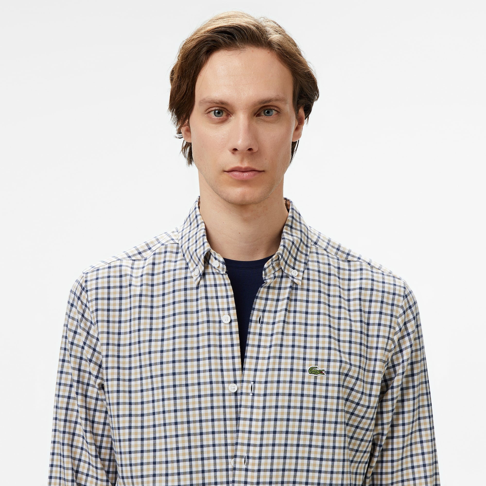 Erkek Regular Fit Düğmeli Yaka Kareli Kahverengi Gömlek