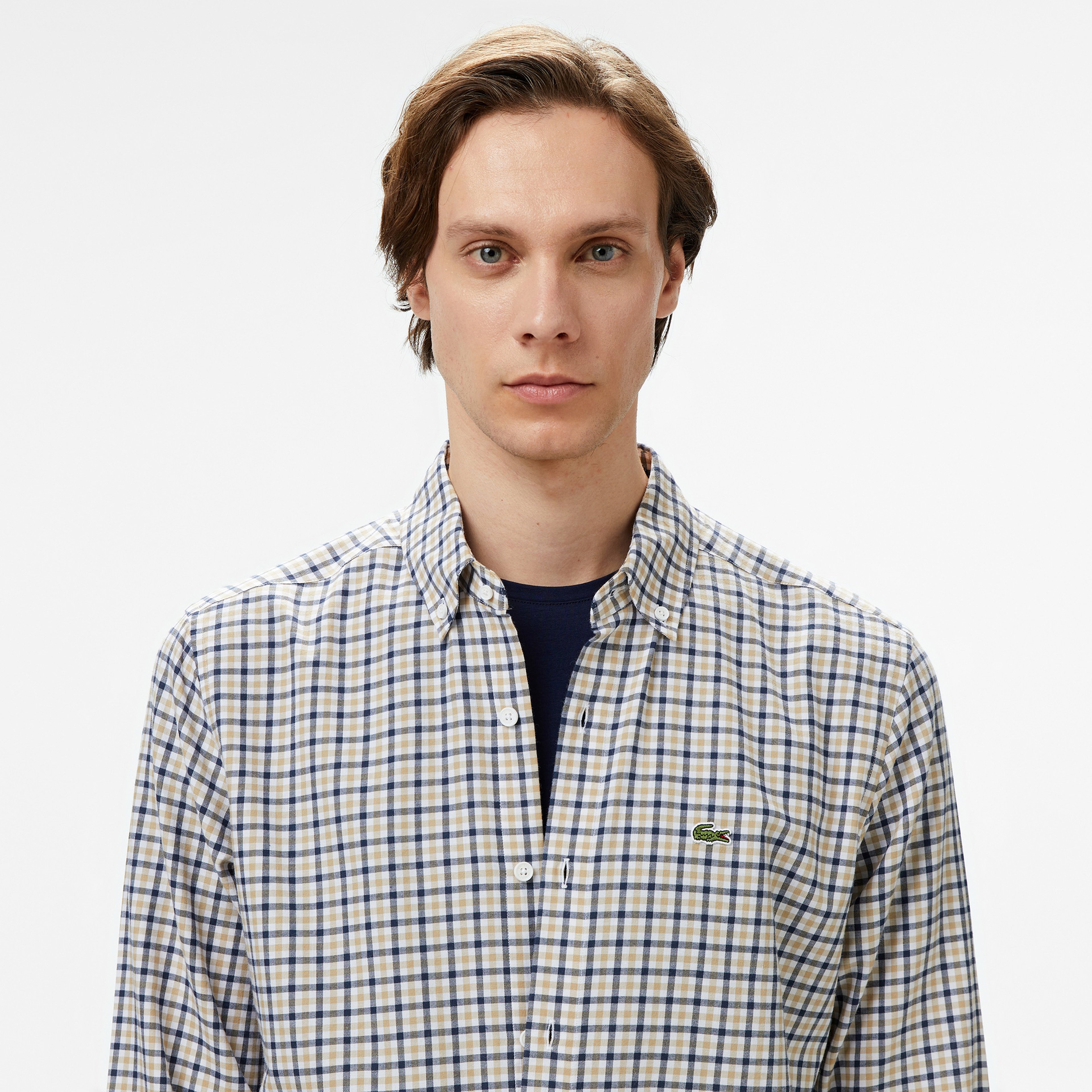 Erkek Regular Fit Düğmeli Yaka Kareli Kahverengi Gömlek Erkek Regular Fit Düğmeli Yaka Kareli Kahverengi Gömlek