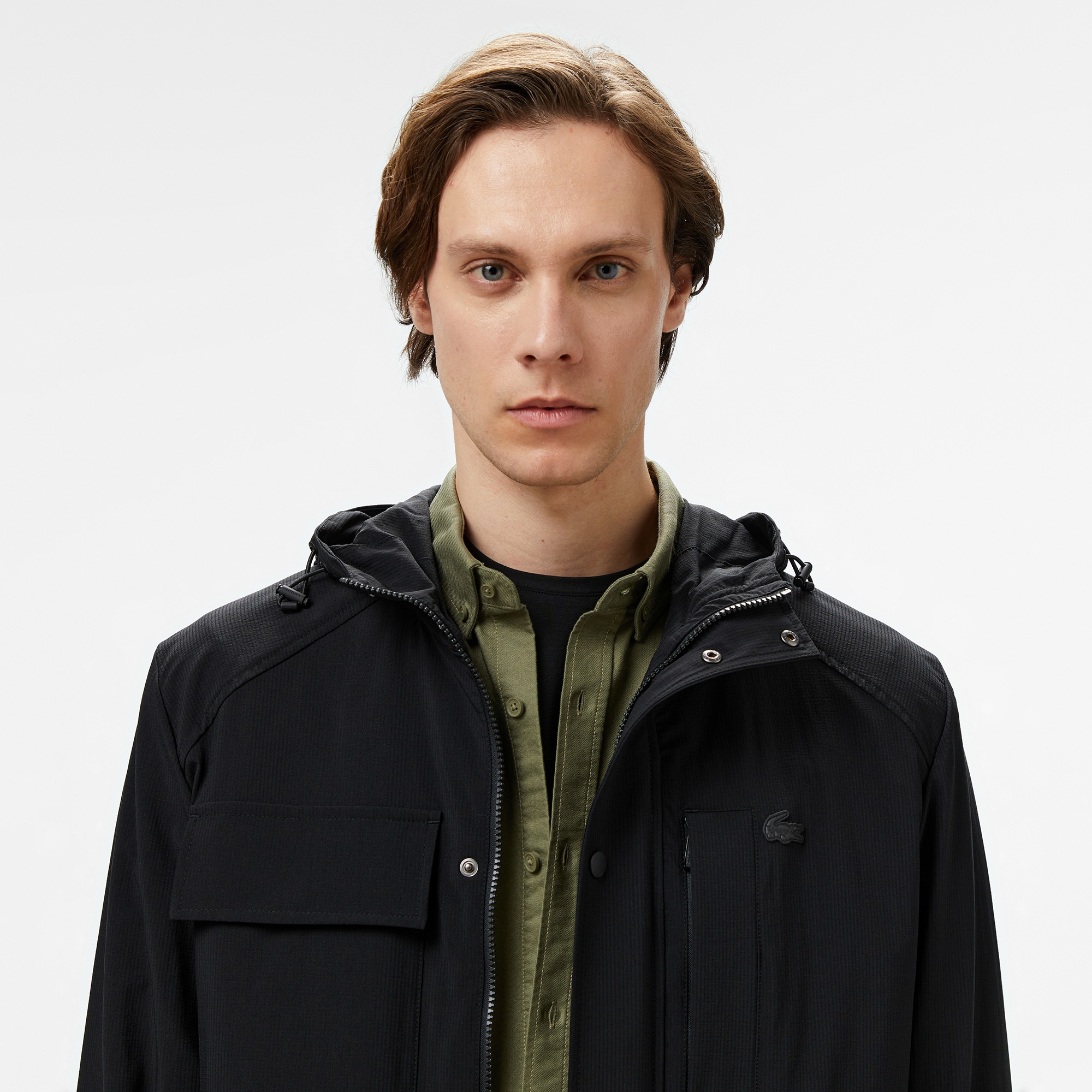 Lacoste Erkek Relaxed Fit Kapüşonlu Baskılı Koyu Siyah Yağmurluk