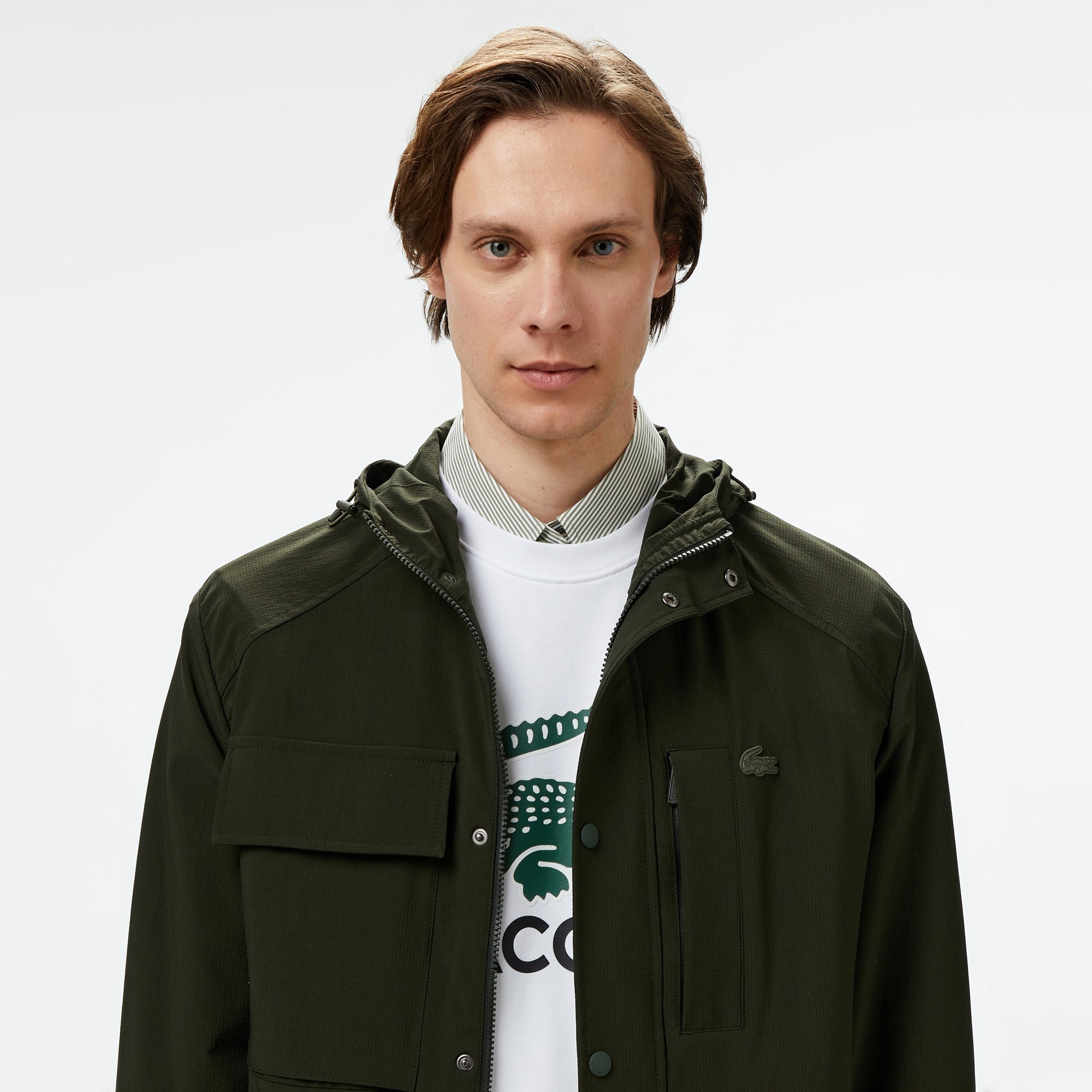 Lacoste Erkek Relaxed Fit Kapüşonlu Baskılı Koyu Yeşil Yağmurluk