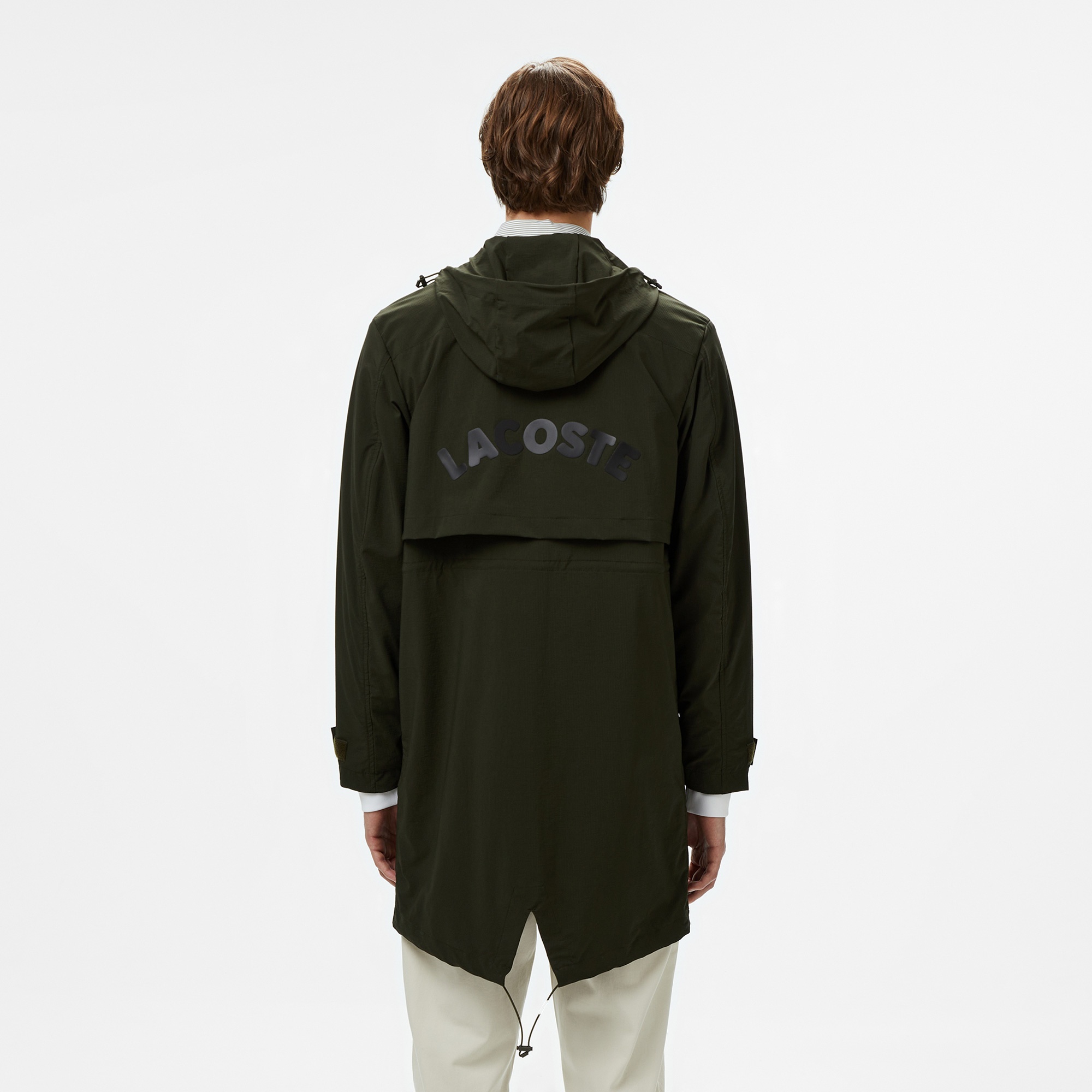 Lacoste Erkek Relaxed Fit Kapüşonlu Baskılı Koyu Yeşil Yağmurluk