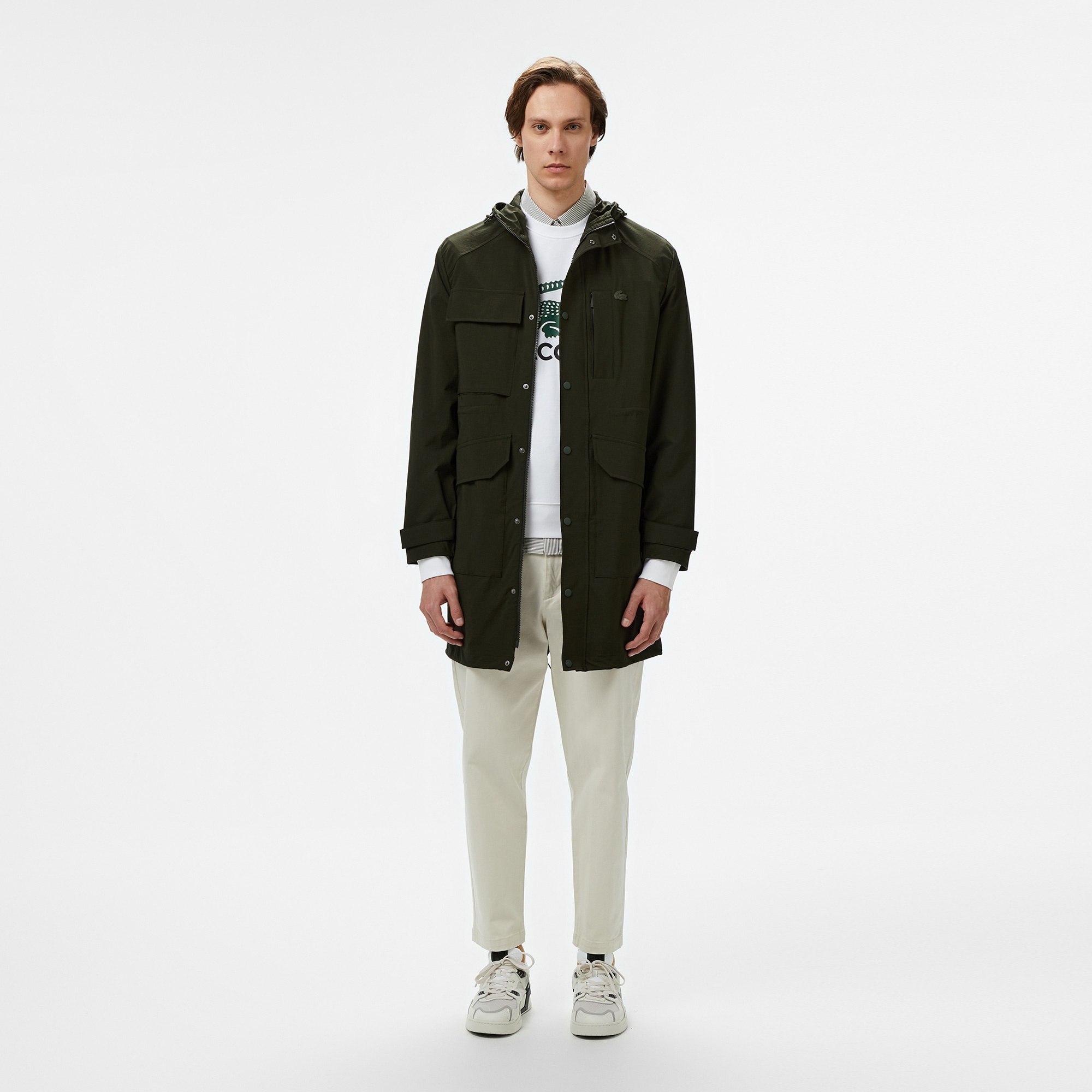 Lacoste Erkek Relaxed Fit Kapüşonlu Baskılı Koyu Yeşil Yağmurluk