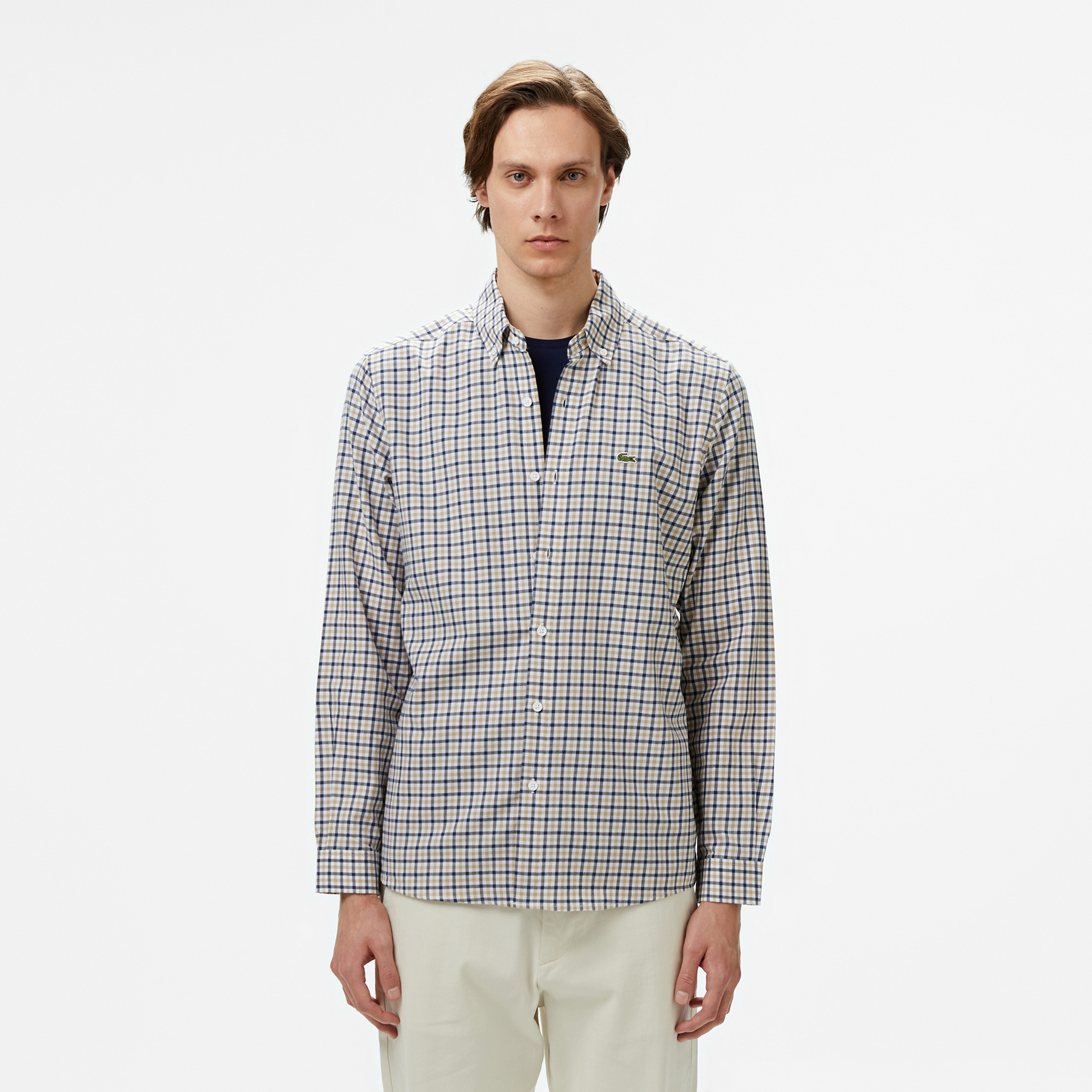 Erkek Regular Fit Düğmeli Yaka Kareli Kahverengi Gömlek Erkek Regular Fit Düğmeli Yaka Kareli Kahverengi Gömlek