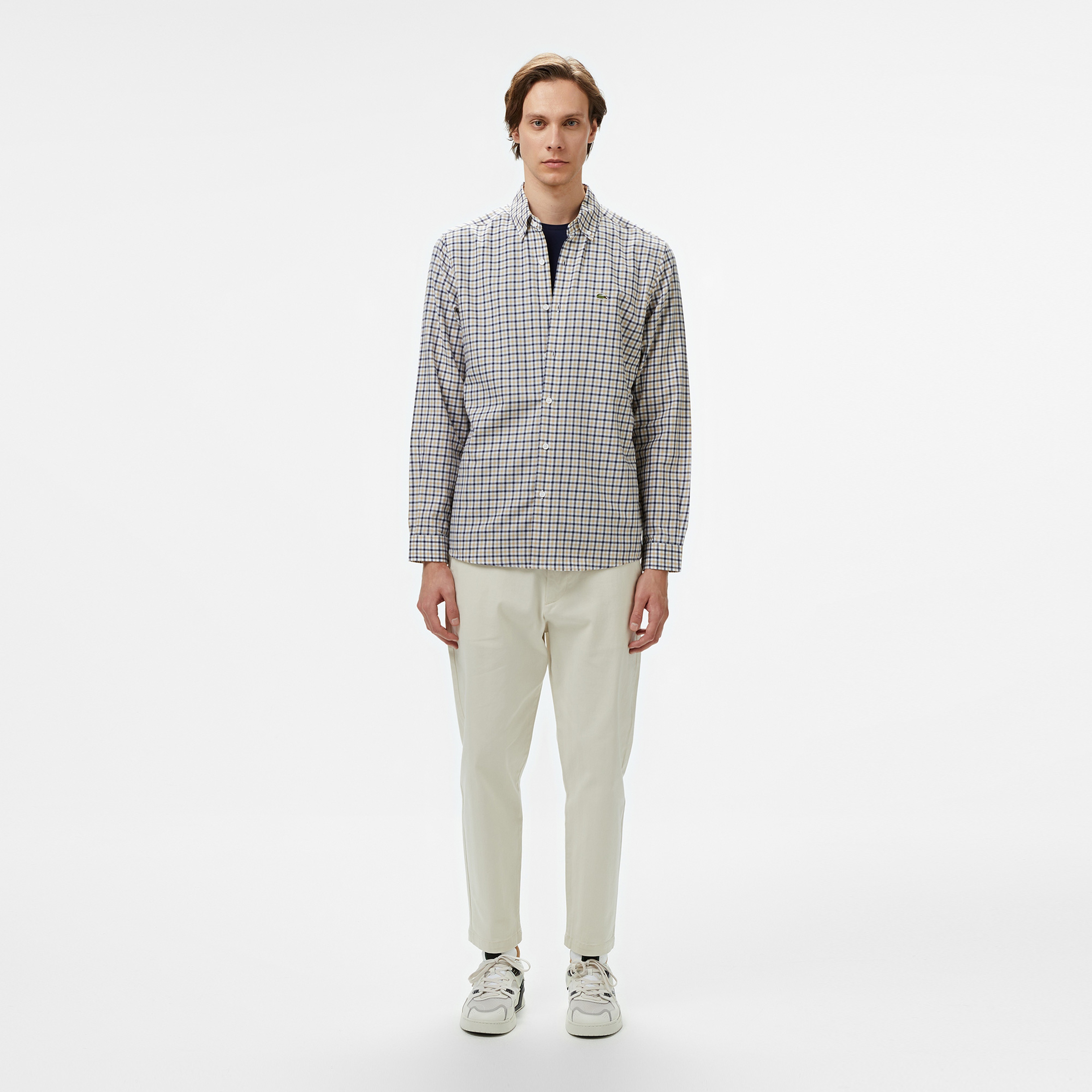 Erkek Regular Fit Düğmeli Yaka Kareli Kahverengi Gömlek Erkek Regular Fit Düğmeli Yaka Kareli Kahverengi Gömlek