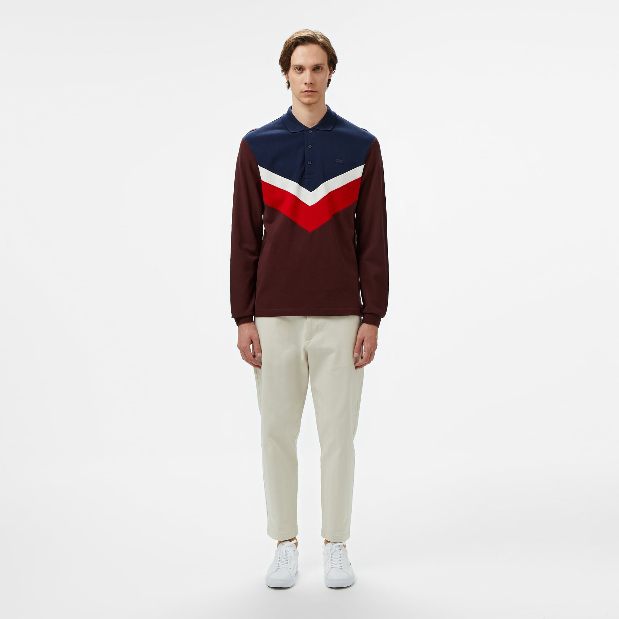 Lacoste Erkek Classic Fit Uzun Kollu Renk Bloklu Bordo Polo