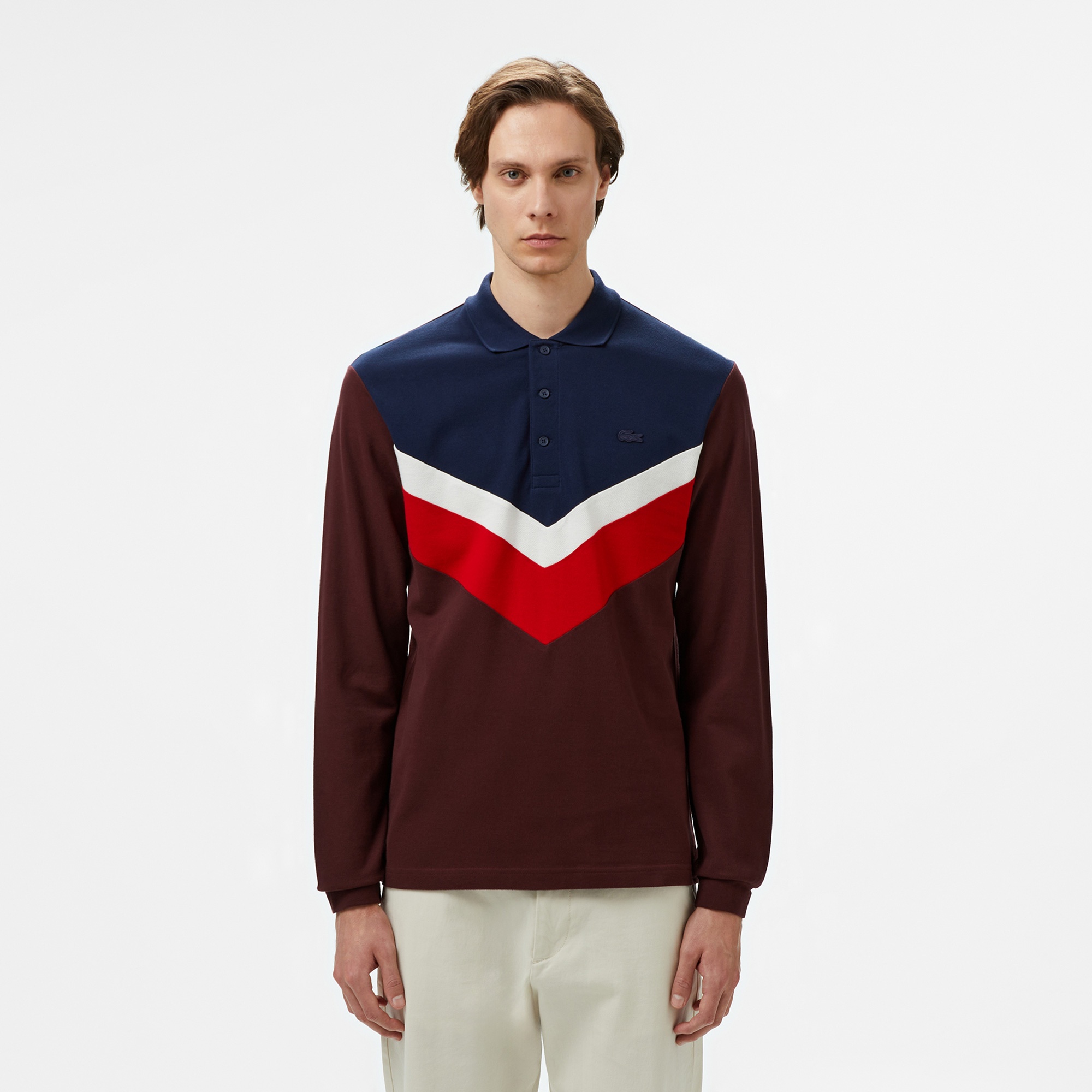 Lacoste Erkek Classic Fit Uzun Kollu Renk Bloklu Bordo Polo