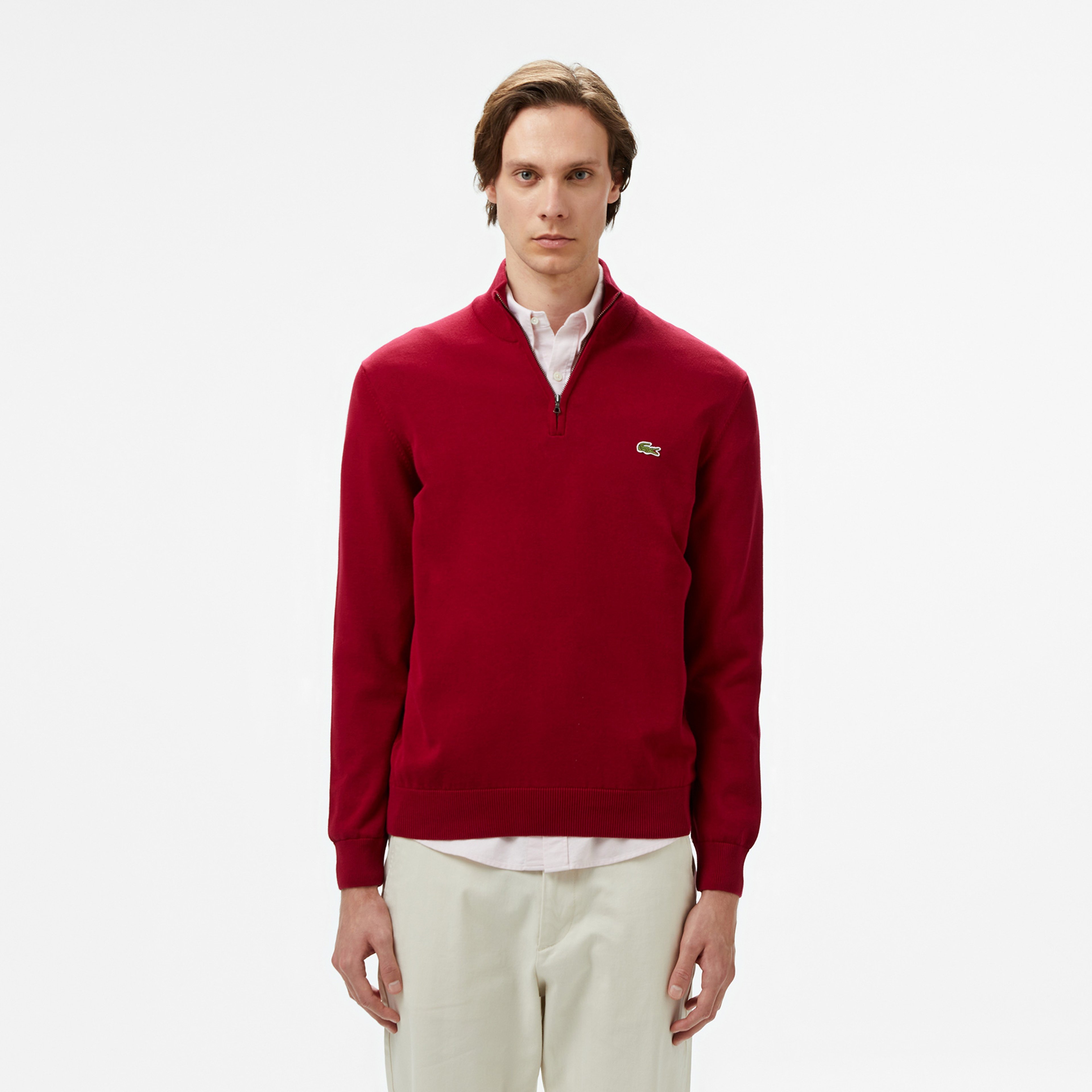 Erkek Regular Fit Yarım Fermuarlı Organik Pamuk Bordo Kazak