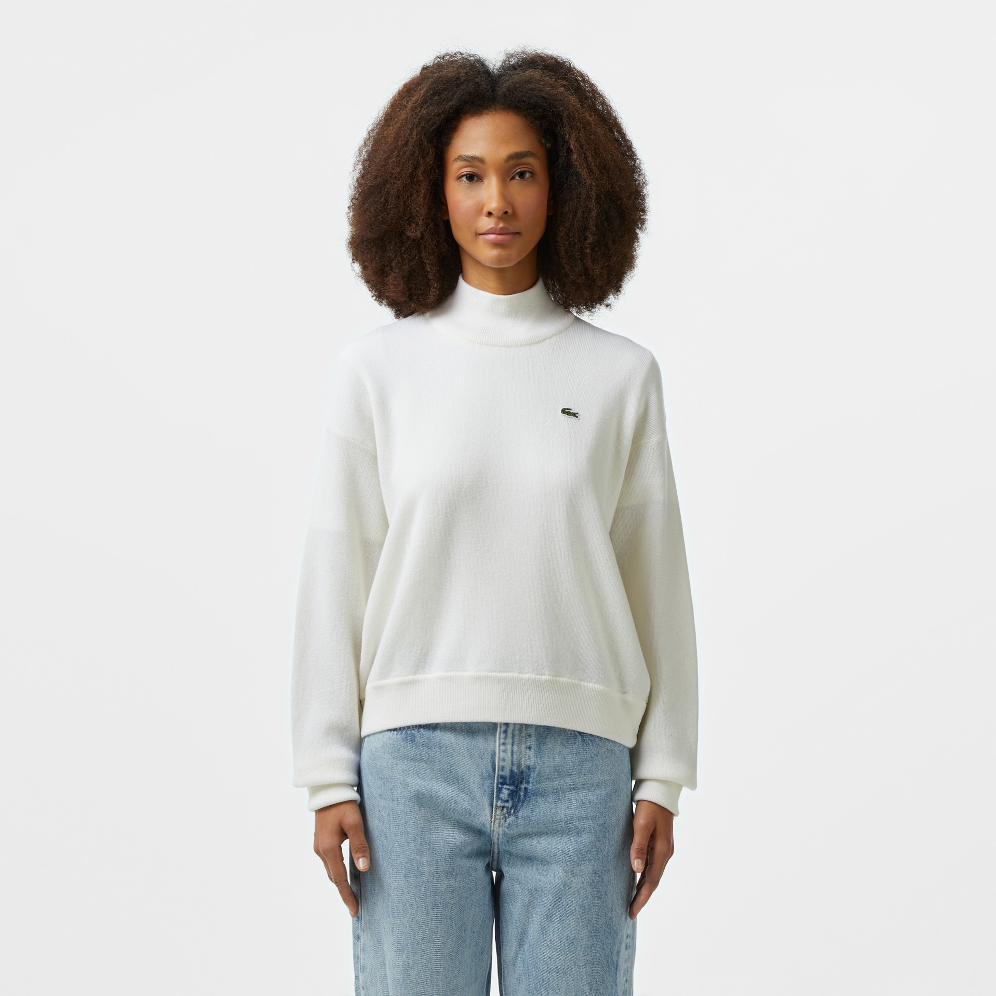 Lacoste Kadın Relaxed Fit Polo Yaka Yün Beyaz Triko