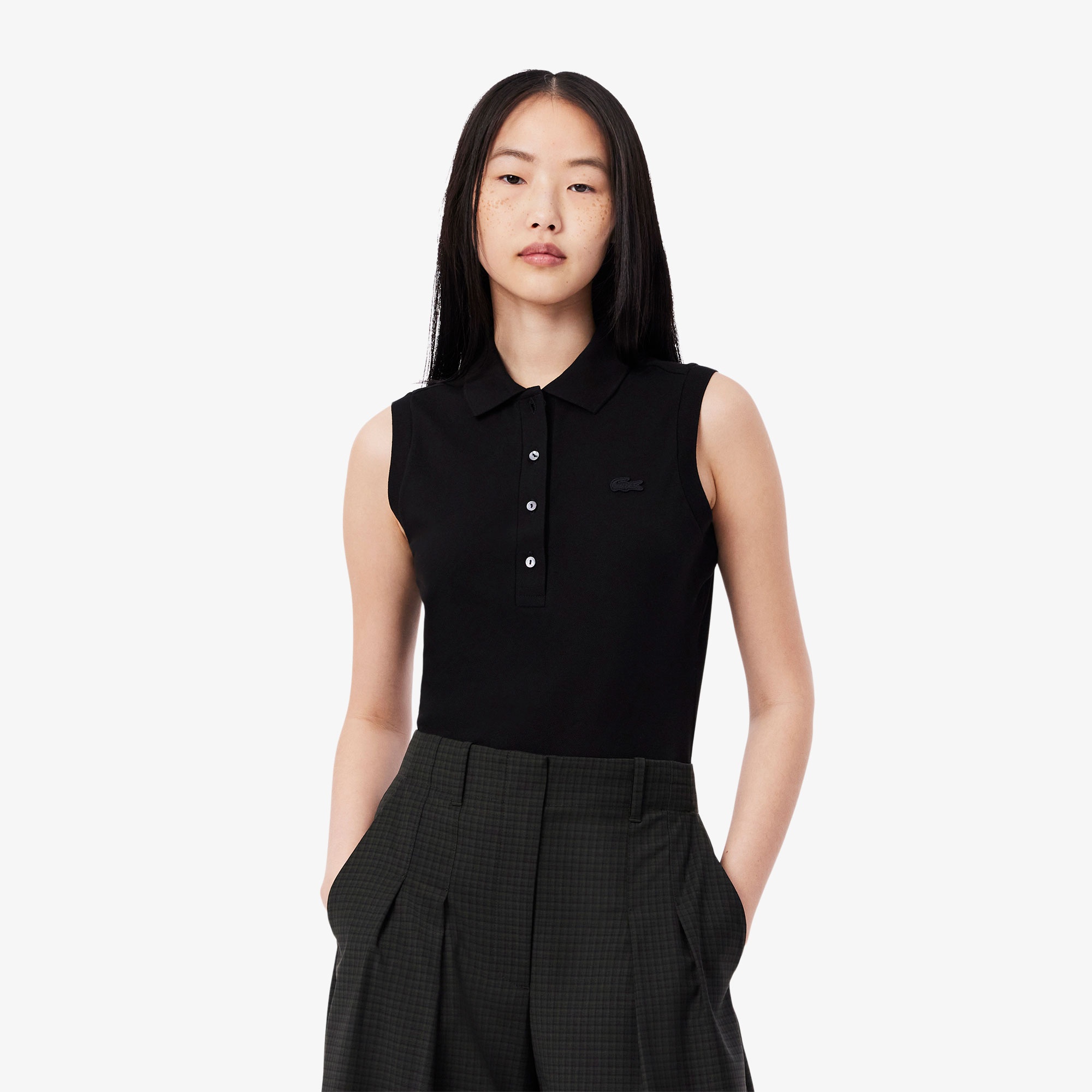 Lacoste L.12.D Kadın Slim Fit Kolsuz Siyah Polo