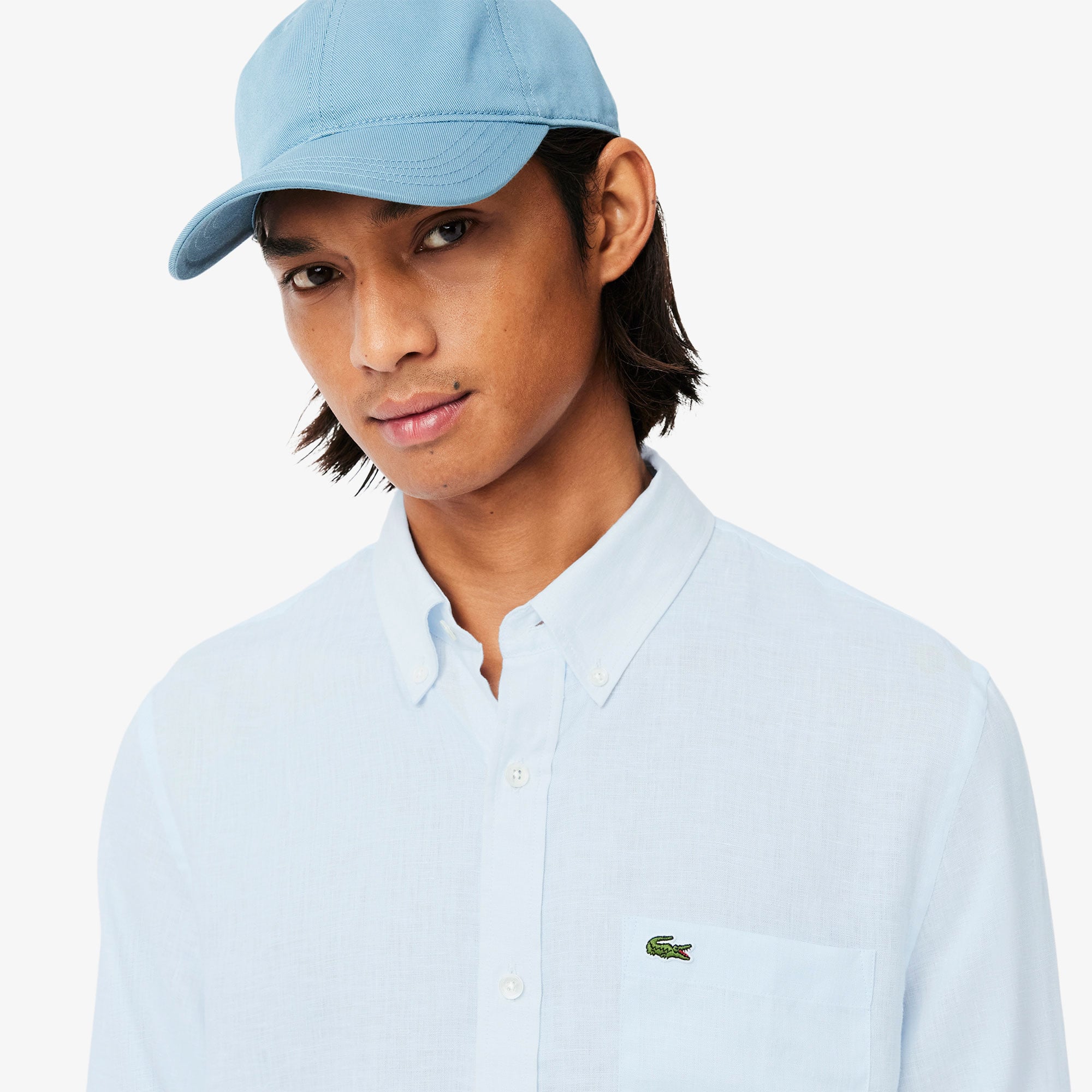 Lacoste Erkek Regular Fit Düğmeli Yaka Keten Açık Mavi Gömlek görsel 2