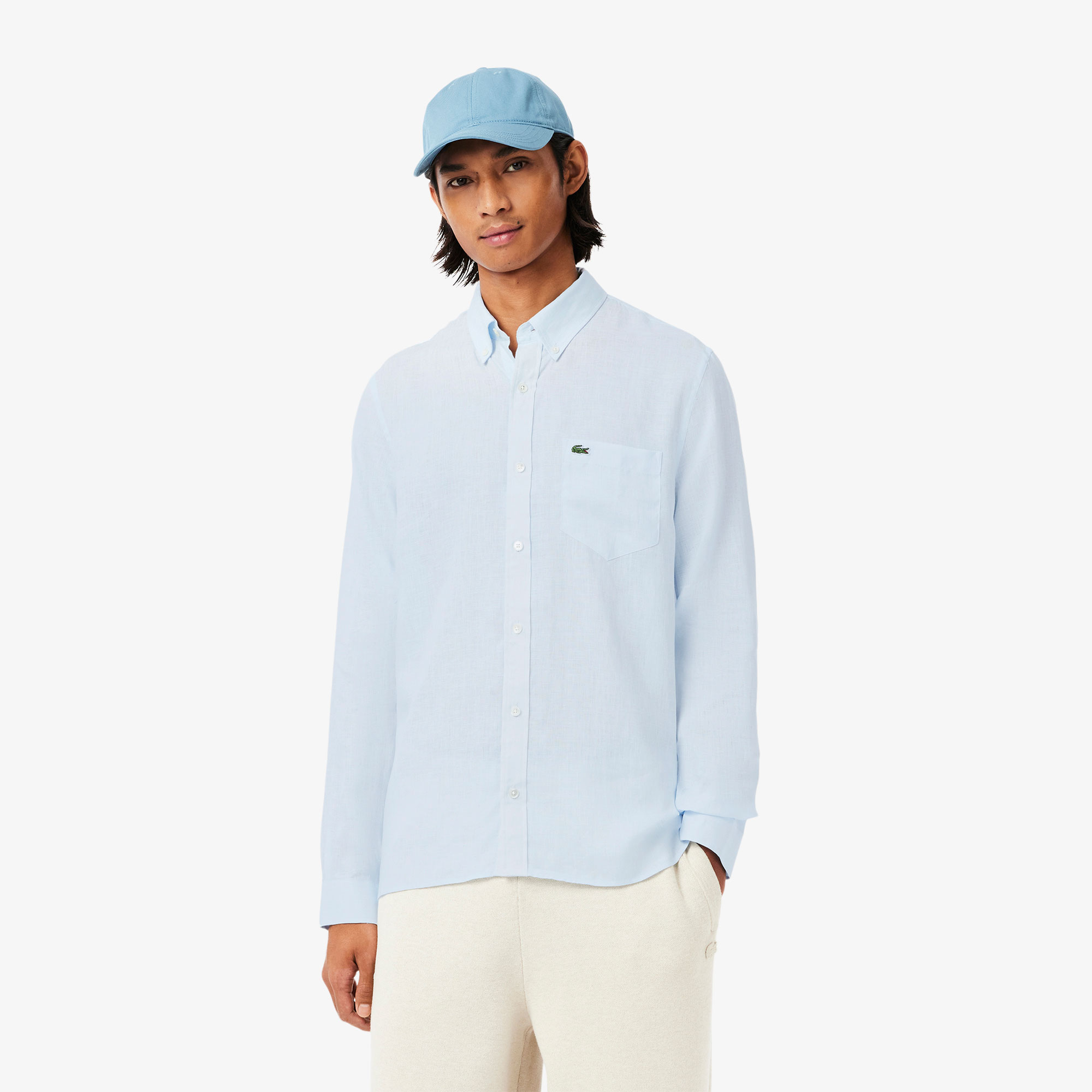 Lacoste Erkek Regular Fit Düğmeli Yaka Keten Açık Mavi Gömlek