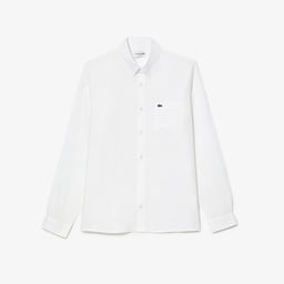 Erkek Regular Fit Düğmeli Yaka Keten Beyaz Gömlek Beyaz