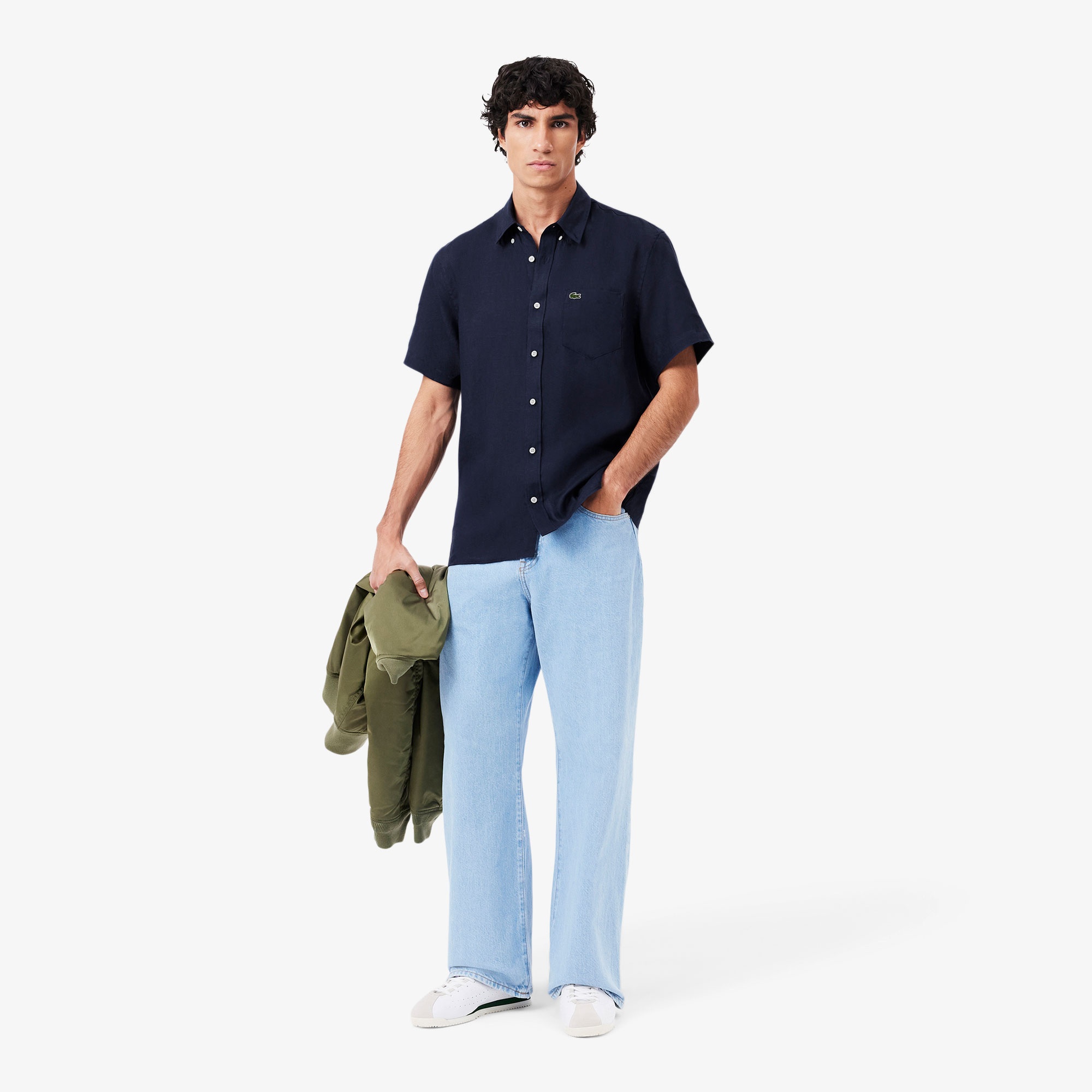 Lacoste Erkek Regular Fit Kısa Kollu Düğmeli Yaka Keten Lacivert Gömlek