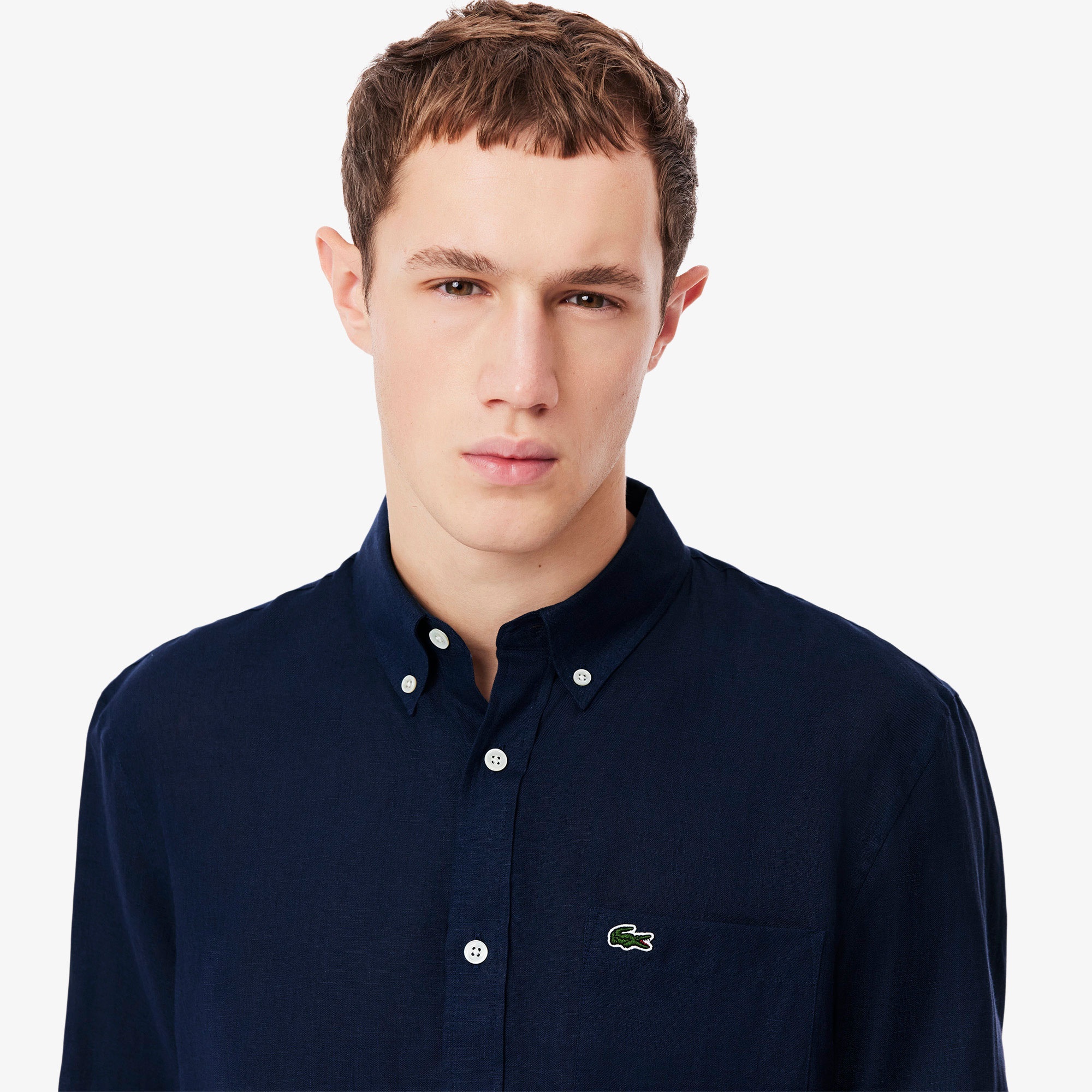 Erkek Regular Fit Düğmeli Yaka Keten Lacivert Gömlek