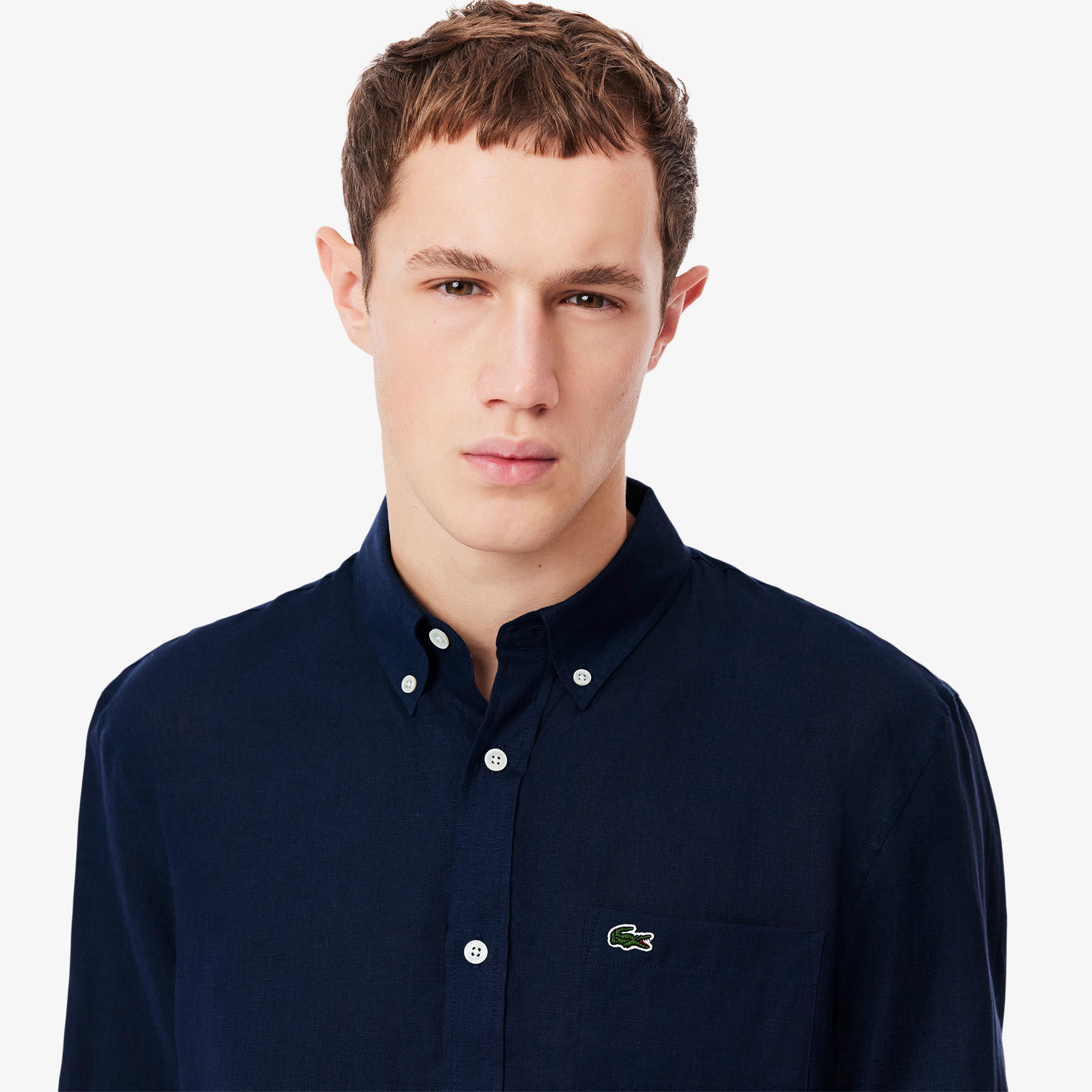 Erkek Regular Fit Düğmeli Yaka Keten Lacivert Gömlek