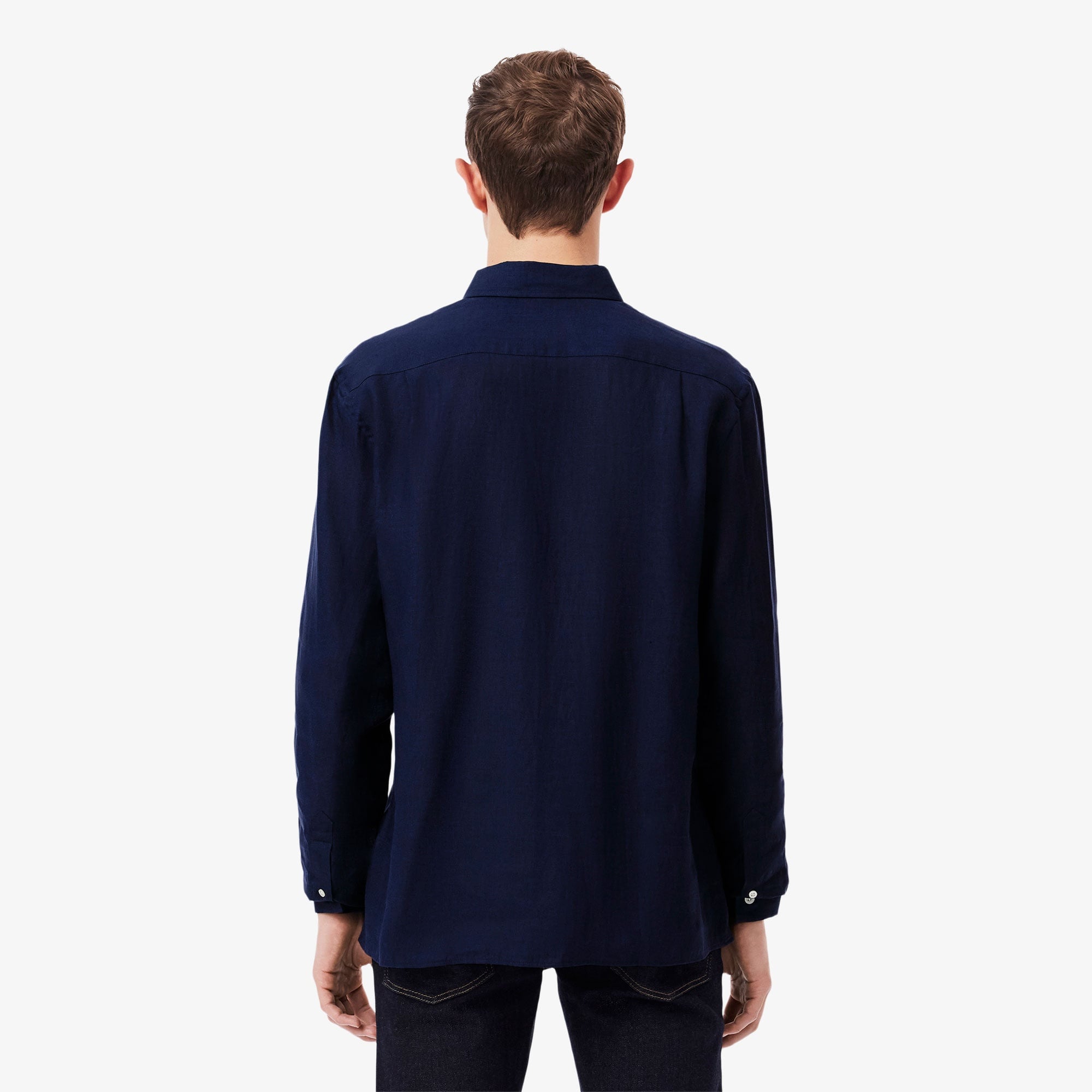 Erkek Regular Fit Düğmeli Yaka Keten Lacivert Gömlek