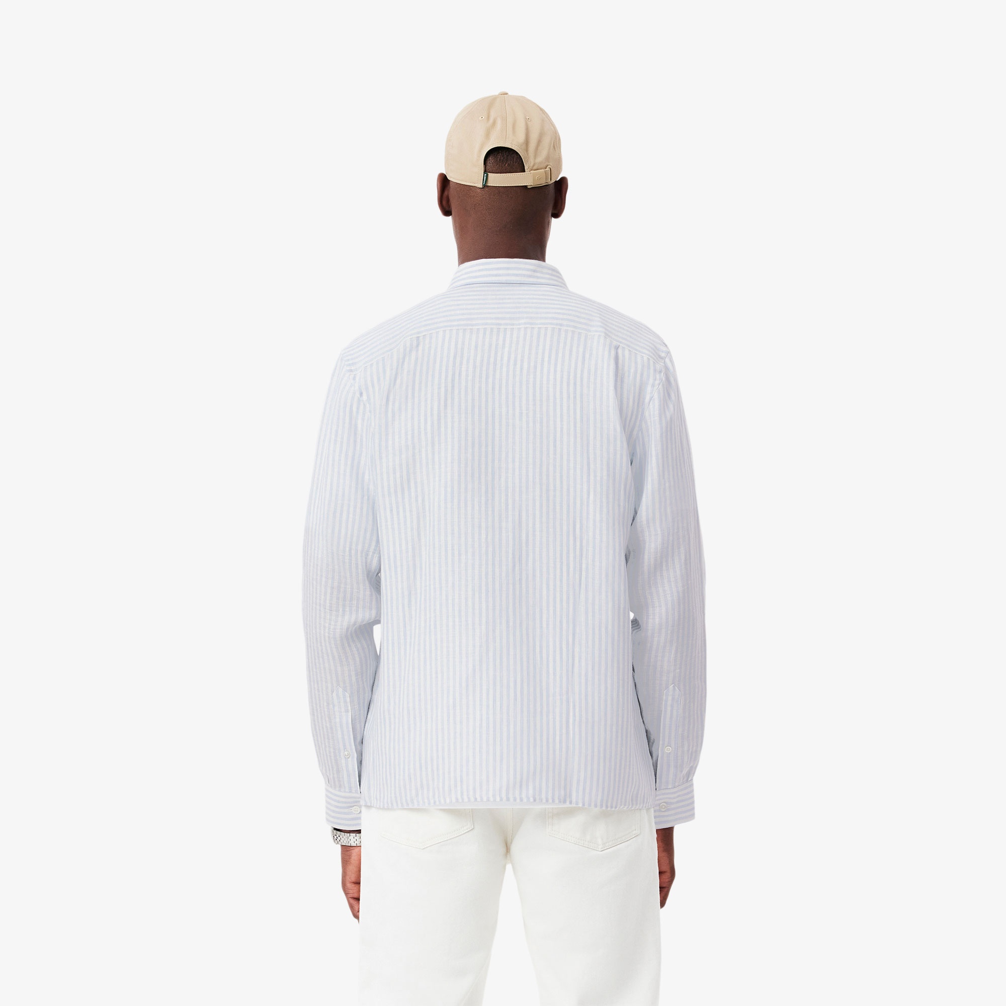 Lacoste Erkek Regular Fit Düğmeli Yaka Çizgili Keten Açık Mavi Gömlek