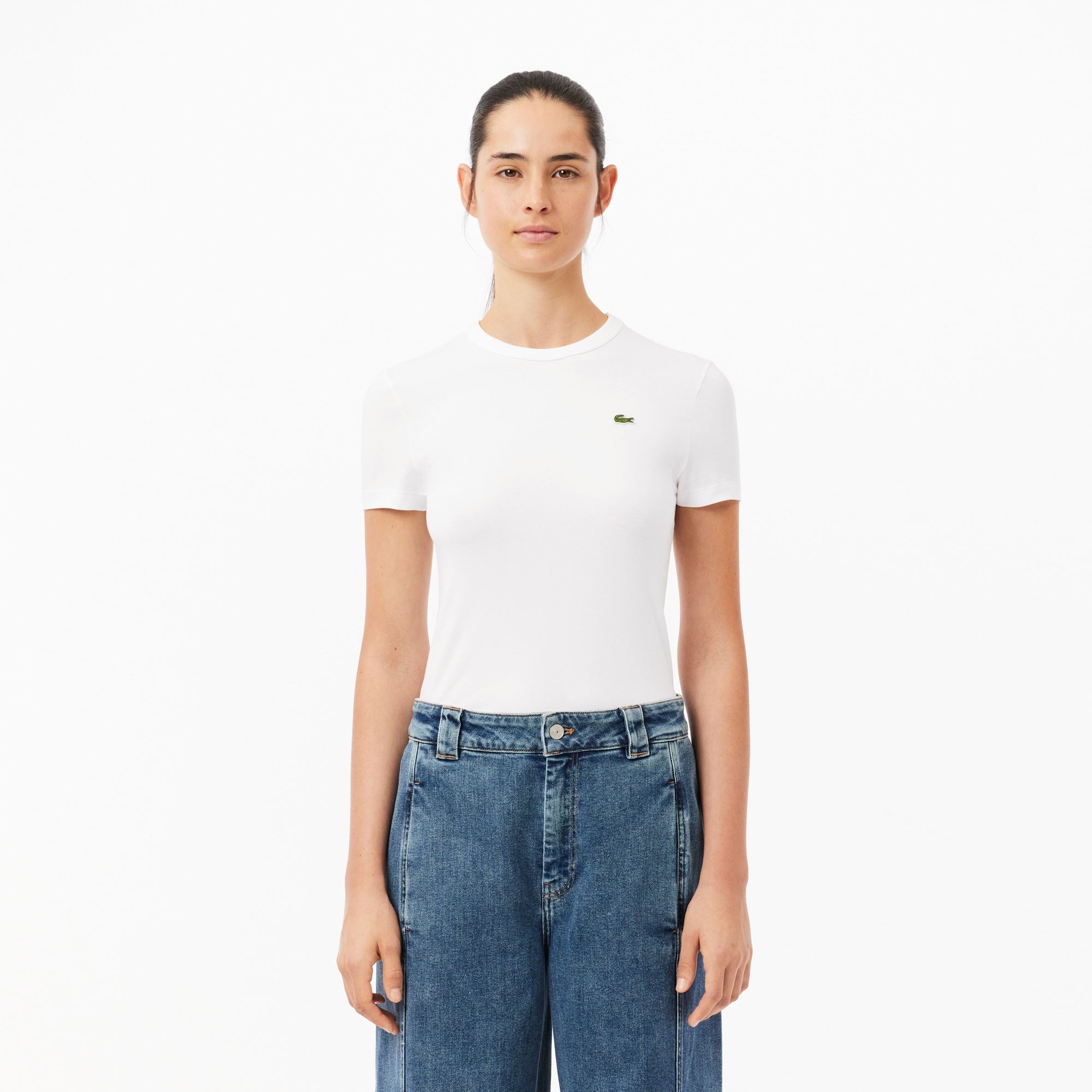 Kadın Slim Fit Bisiklet Yaka Beyaz T-Shirt